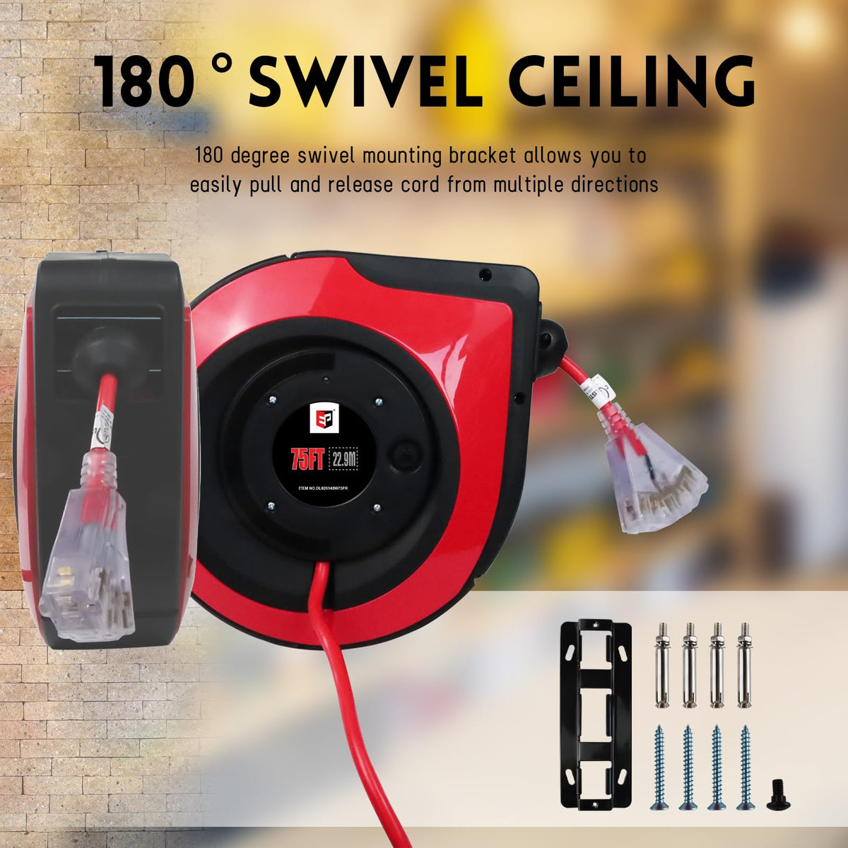 EP Retractable Extension Cord Reel,75 Feet 14 AWG/3C SJTOW Heavy Duty Power Cord,10 AMP Circuit Breaker, 3-Lighted Triple Outlets,Ceiling or Wall Mount Use Indoor, Red