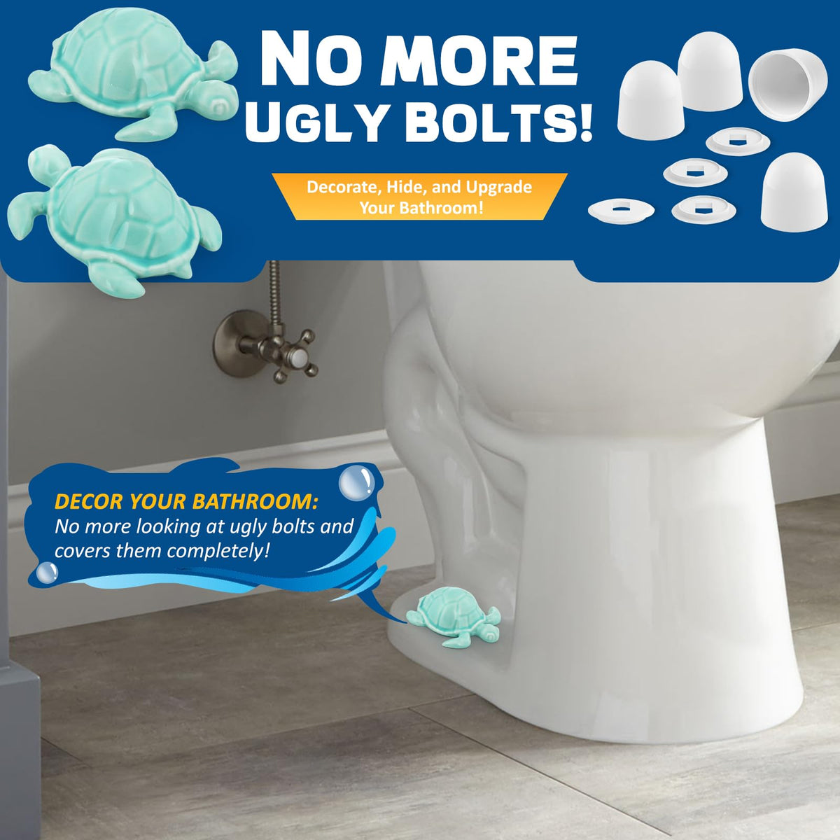 NEEXAN 2 Blue Ceramic Turtle Toilet Bolt Covers Decorative with 4 Universal Toilet Screw Cover Caps, Easy-Install Toilet Caps for Bottom of Toilet, Cute Bathroom Décor & Gift Set