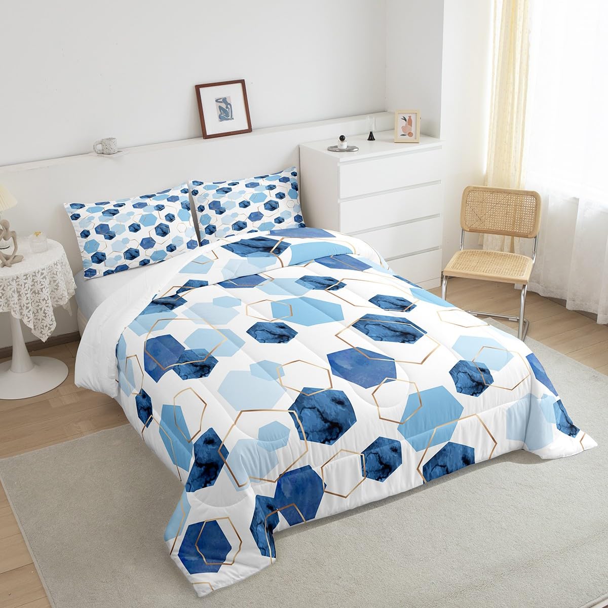 Erosebridal Geometric Hexagon Comforter Twin Navy Blue Bedding Set, Watercolor Honeycomb Down Comforter Abstract Tie Dye Bed Set, Luxury Gold Hexagon Quilted Duvet Microfiber
