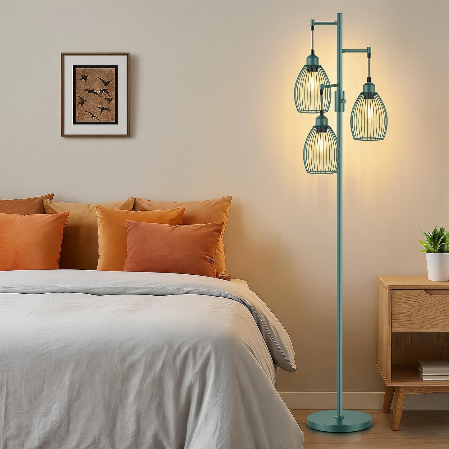 Dimmable Floor Lamp, Industrial Floor Lamps for Living Room, Green Tree Lamp Standing Lamp Tall Lamps with 3 Elegant Teardrop Cage Head & 800 Lumens LED Bulbs for Living room Bedroom Dining Room