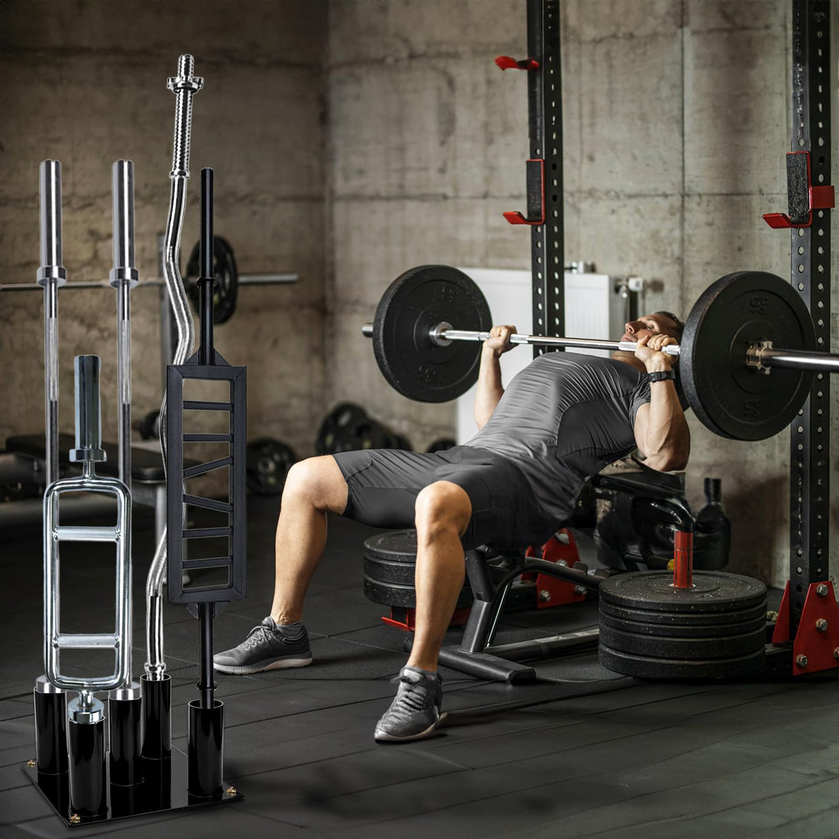 Tebery Barbell Floor Stand Holder, 5 Barbells Vertical Corner Storage Rack, Heavy Duty Home Gym Weight Organizer for Bars, Hex, Trap, Curl, Triceps Bars