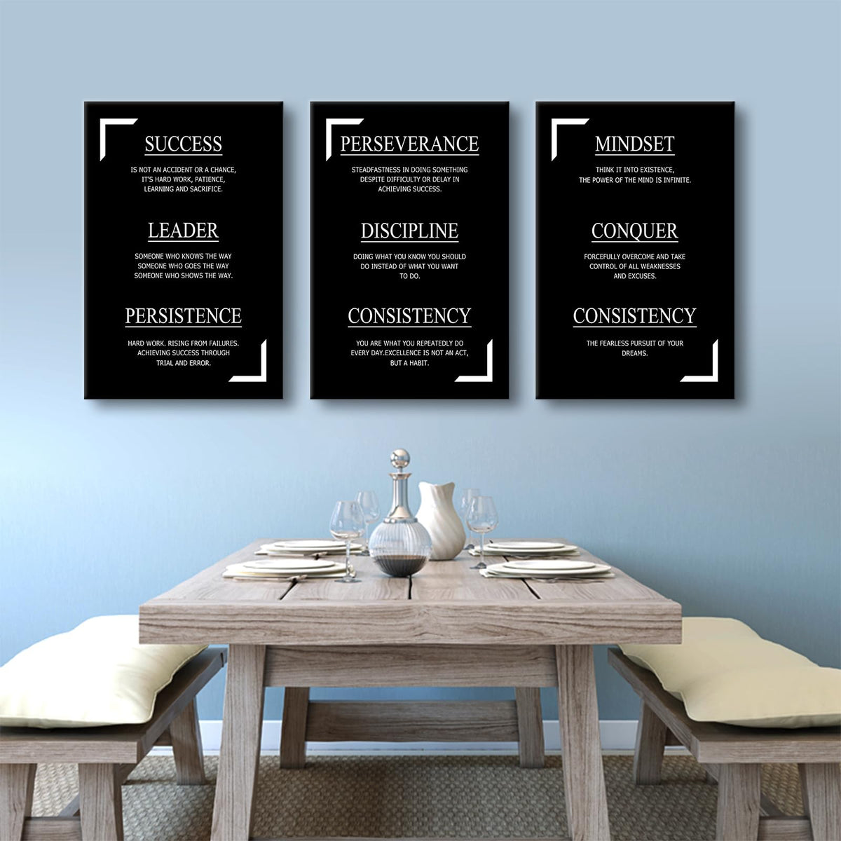 YSPCSUN Triptych Wall Decor Inspirational Posters for Office, Black White Discipline Consistency Quote 3 Panel Canvas Prints for Home Office Dorm Classroom, 48x24 Inch Display
