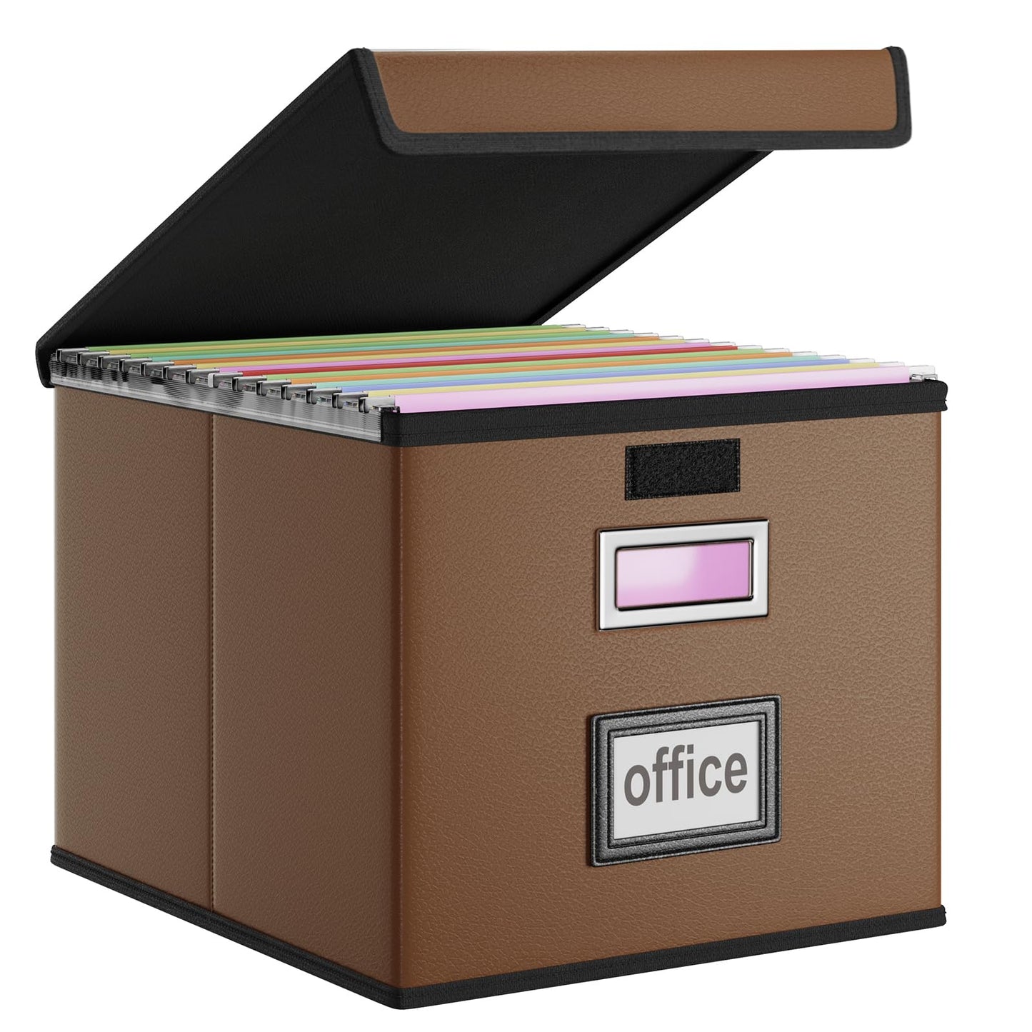 Huolewa Faux Leather File Organizer Box with Lid, Collapsible Hanging File Folder Box Organizer with Plastic Slides, Decorative Home/Office Filing System Boxes for File and Folder Storage-Brown