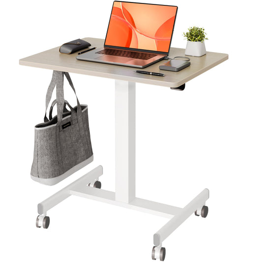 Claiks Mobile Standing Desk, Small Rolling Standing Desk with Wheels, Pneumatic Mobile Desks Workstation with Hook, Natural