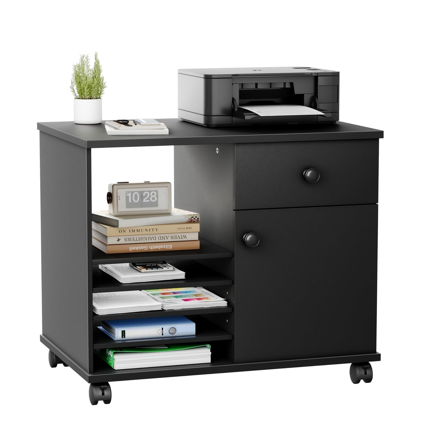 Quikraen Wooden Rolling File Cabinet Black Mobile Lateral Office Filing Cabinets with Doors and Open Adjustable Shelves Lateral Printer Stand with Drawer for Office Supplies