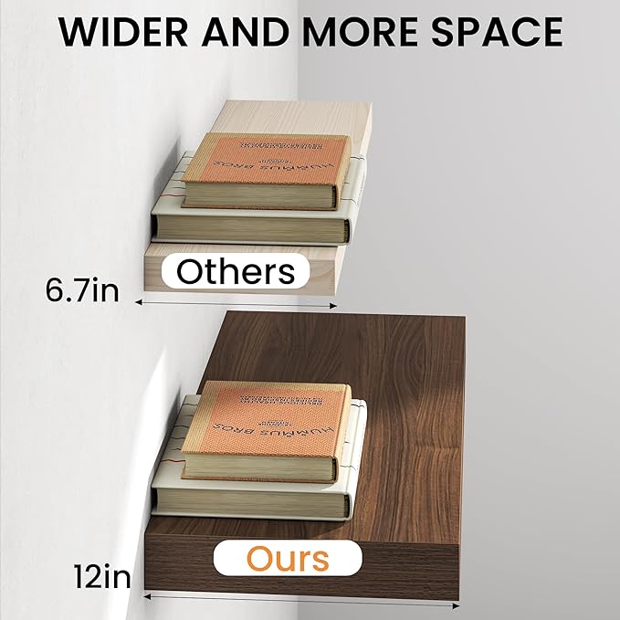 30Inch Walnut Floating Shelves for Wall, 12 Inch Deep Shelves for Bedroom