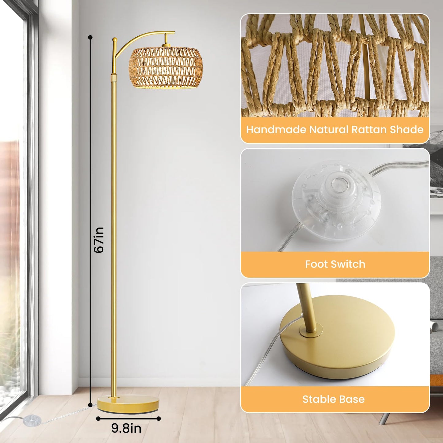 Yusist Arc Floor Lamp for Living Room,Farmhouse Floor Lamps with Remote Control & Dimmable Bulb,Gold Boho Rattan Tall Standing Lamp for Bedroom Office