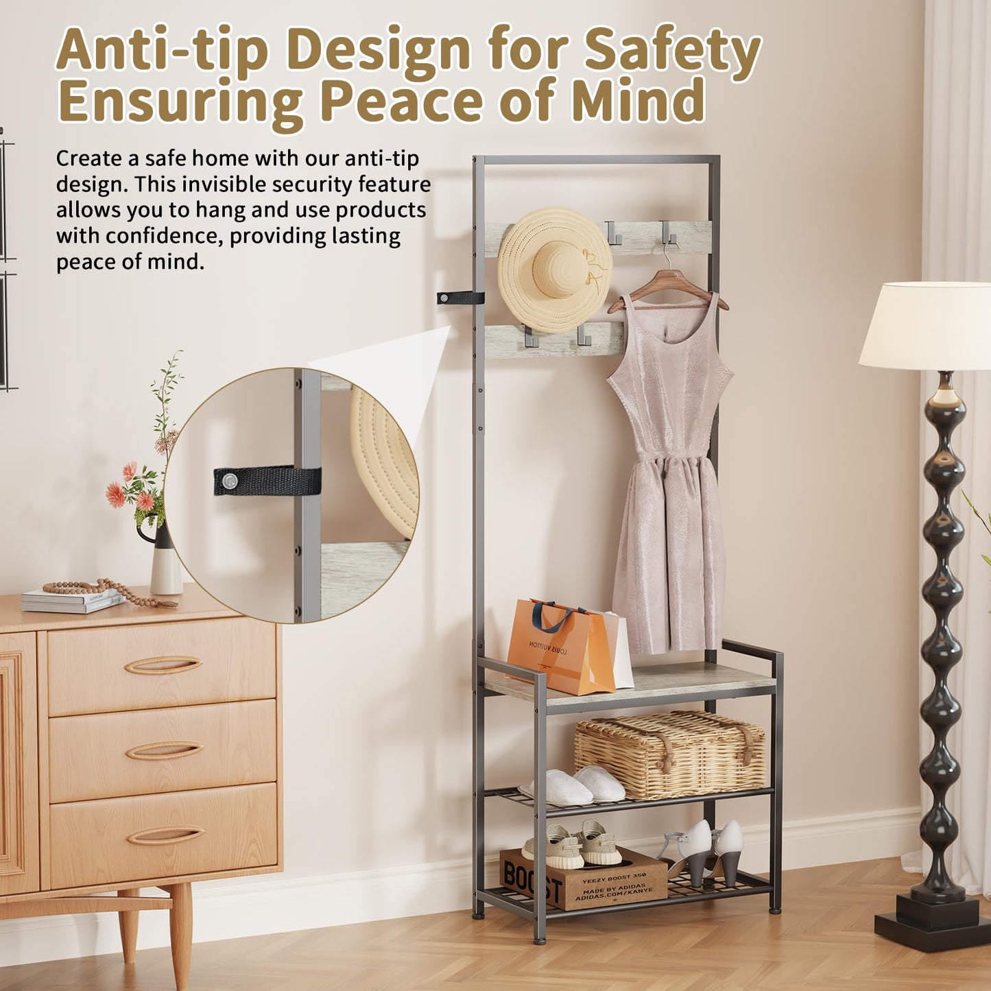 Hall Tree with Shoe Storage Bench - Entryway Bench with Coat Rack and Hooks - 3-in-1 Small Hall Tree for Entry Way, Entrance, Hallway, Doorway, Front Door, Mudroom, Small Space - Greige