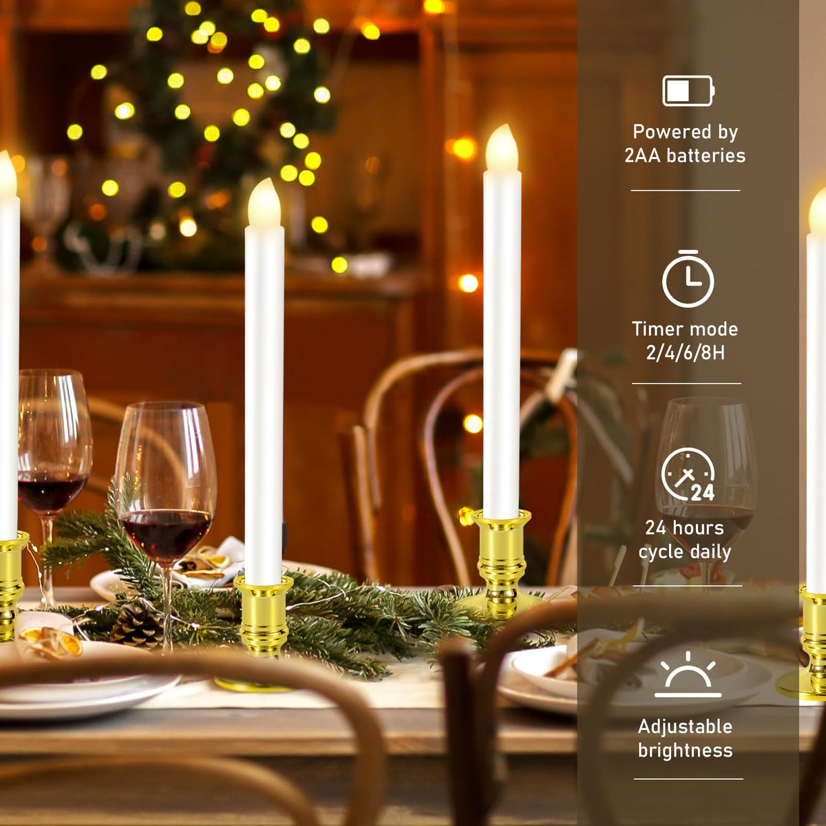 Qmioti 8 Pack Christmas Window Candles, Battery Operated Window Candles with Timer Remote, LED Window Candle with Candle Holders Suction Cupsfor Christmas Decorations, Gold