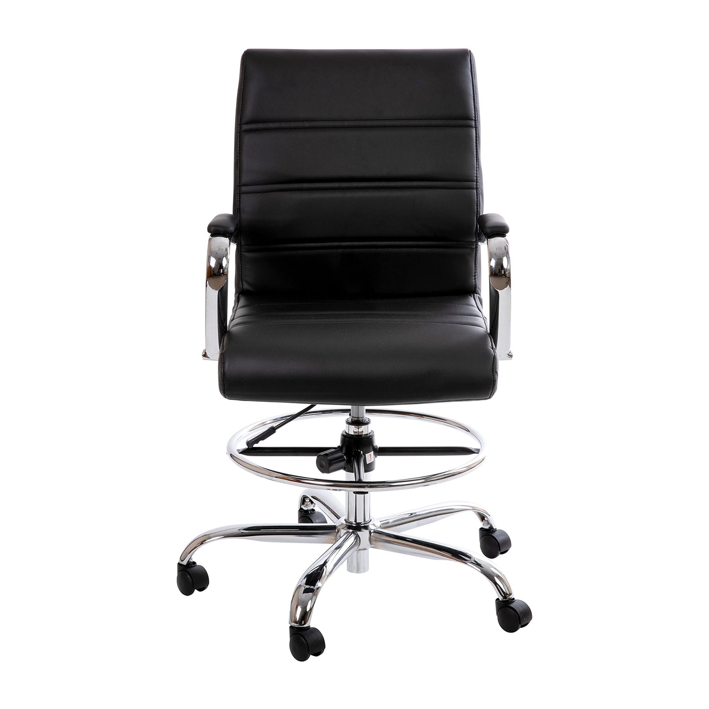 Flash Furniture Whitney Mid-Back Swivel LeatherSoft Drafting Chair with Padded Seat, Armrests, and Foot Ring, Adjustable Office Chair, Black/Chrome