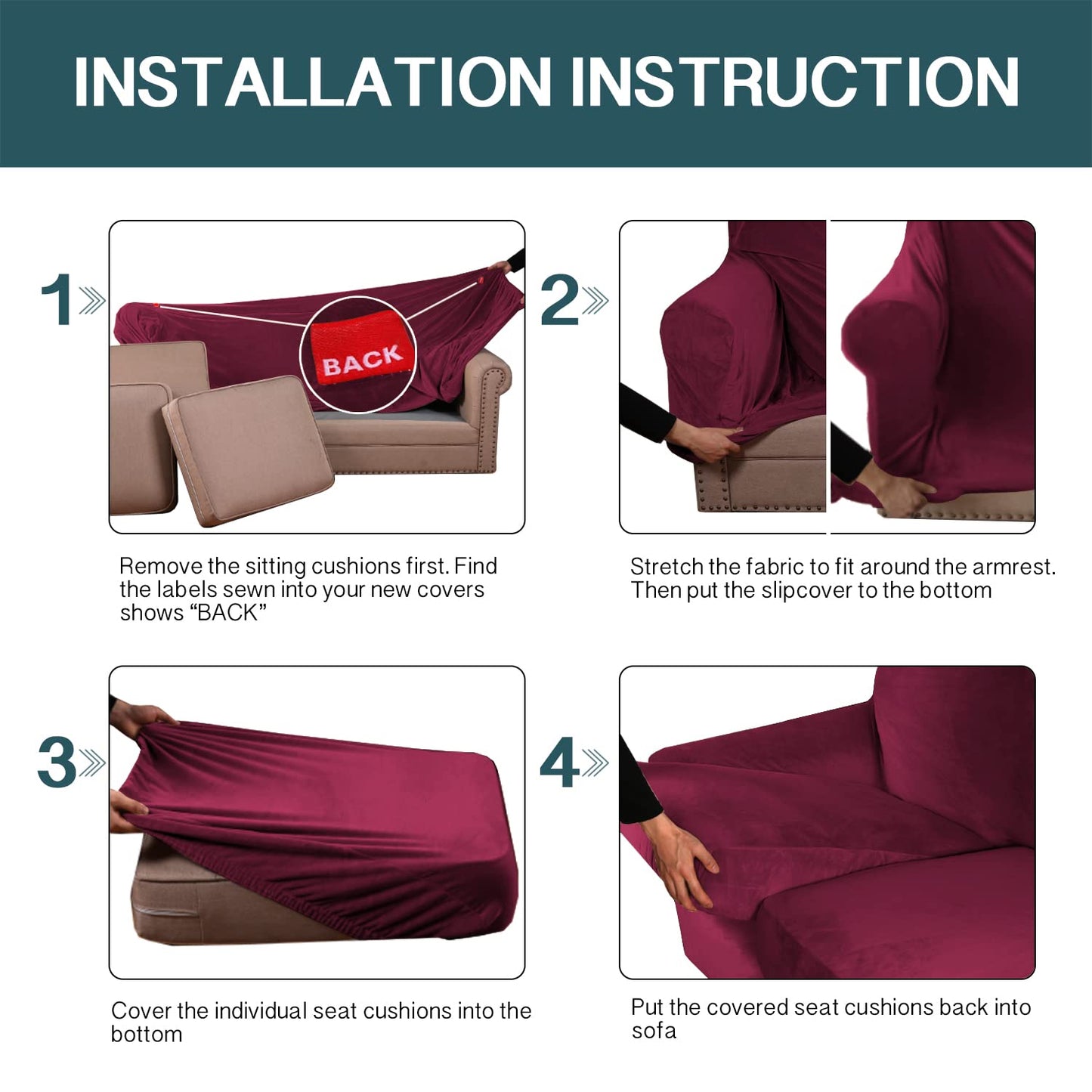FantasDecor 3 Piece Sofa Covers Velvet for 2 Cushion Couch Stretch Loveseat Slipcover with Individual Seat Elastic Furniture Protector for Pets (Loveseat,Burgundy)
