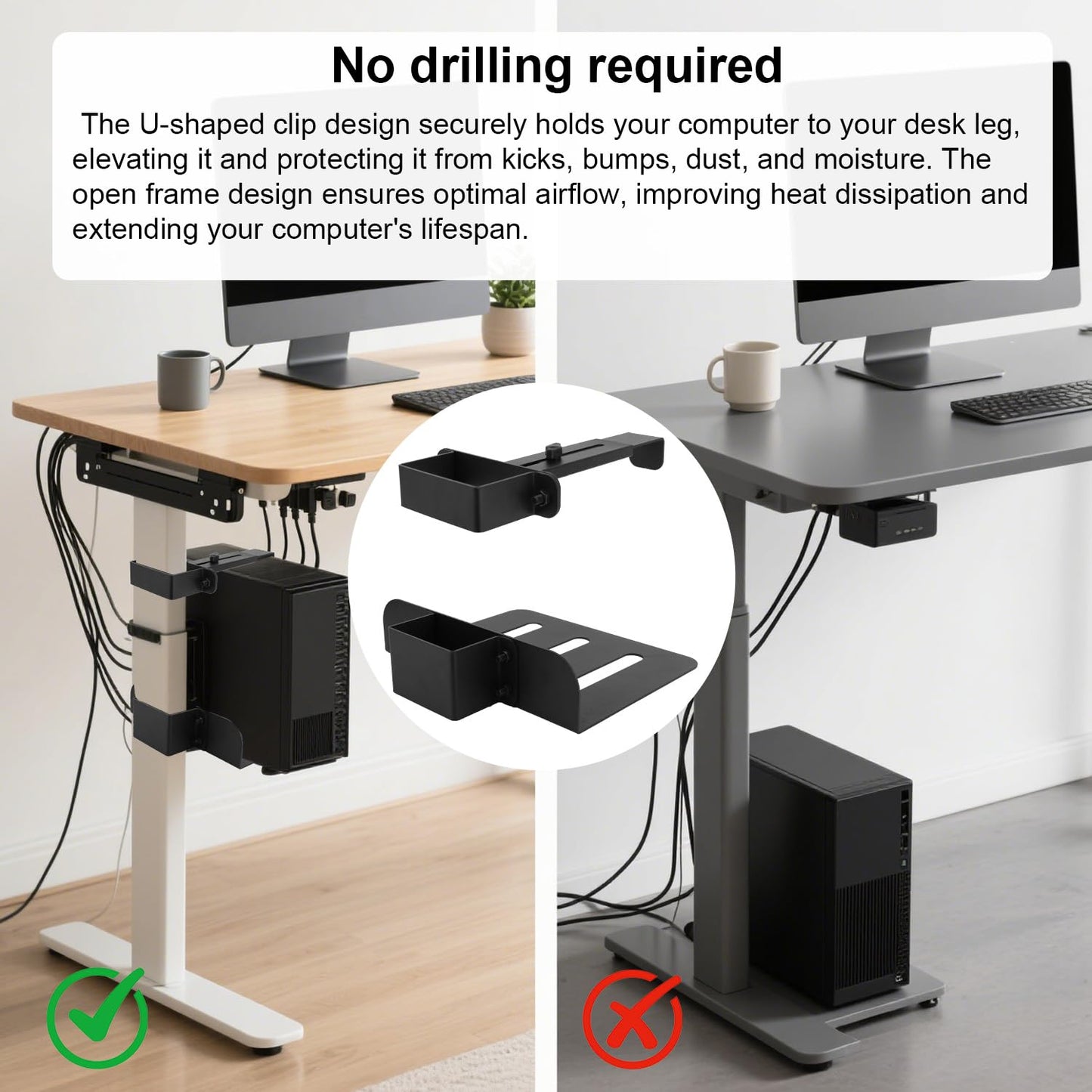 Under Desk PC Mount for Standing Desk, Heavy Duty Clamp-On Computer Tower Mount Adjustable Height & Width No Drilling CPU Holder