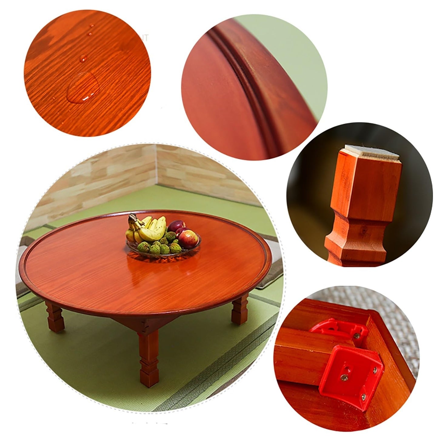 Folding Coffee Table, Rustic Wood Floor Round Table with Chinese Lucky Deer Pattern, Portable Low Dining Tables for Tatami, Living Room, Bedroom, Picnic, Red Brown (Size : 80CM/31.5IN)