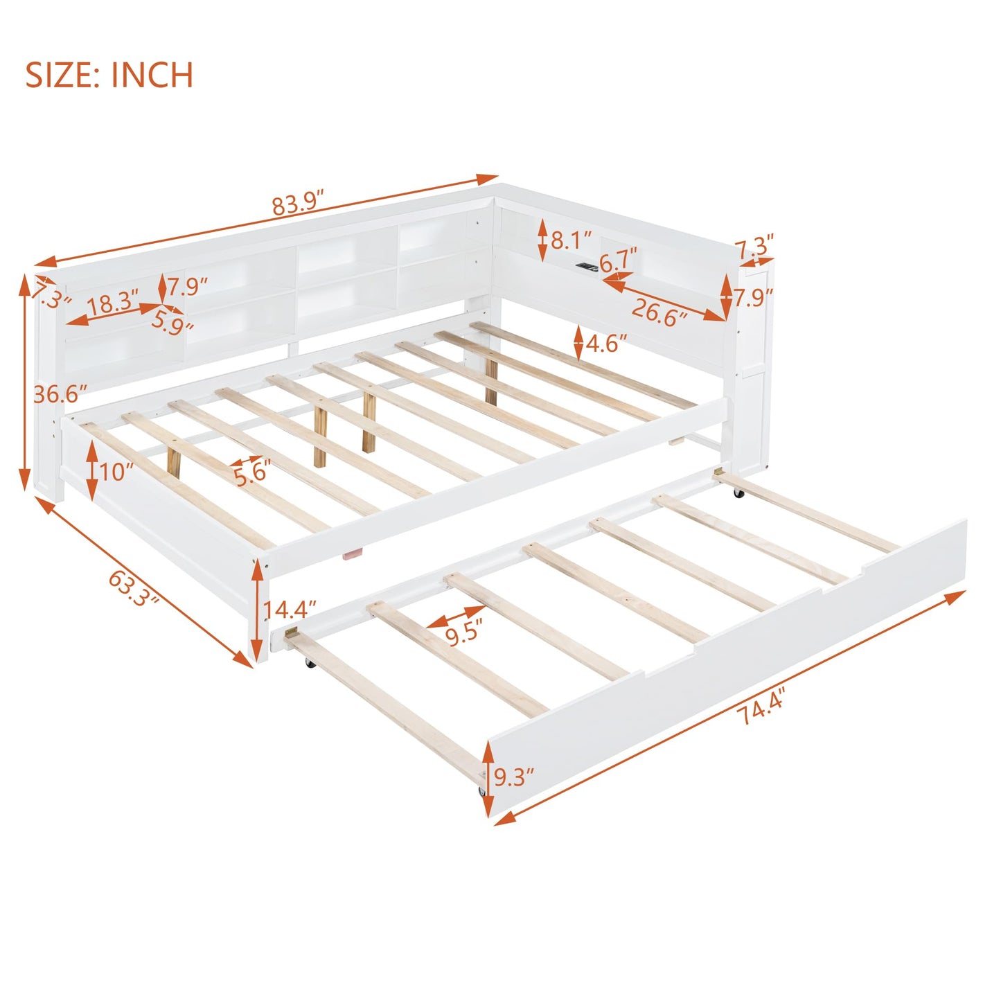 Ball & Cast Full Size Daybed W/Twin Size Trundle,Day Bed with Pop Up Trundle Bed W/USB Charging Ports,Wooden Sofa Bed W/Storage Shelf,No Box Spring Needed,for Bedroom,Guest Room,White