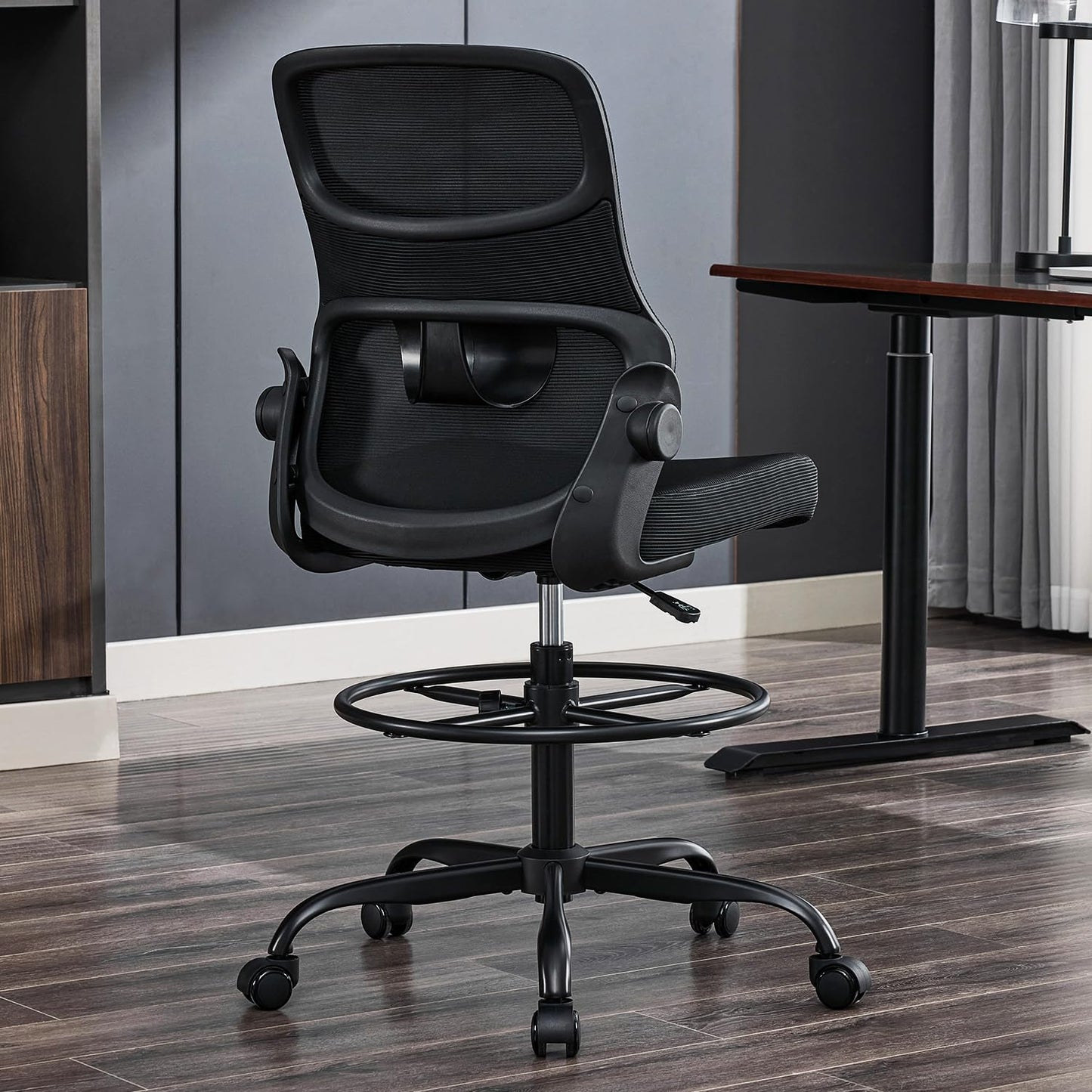 Drafting Chair Armless, Tall Office Chair with Adjustable Foot Ring and Lumbar Support, Ergonomic Mesh High Desk Chair for Standing Desk, Black