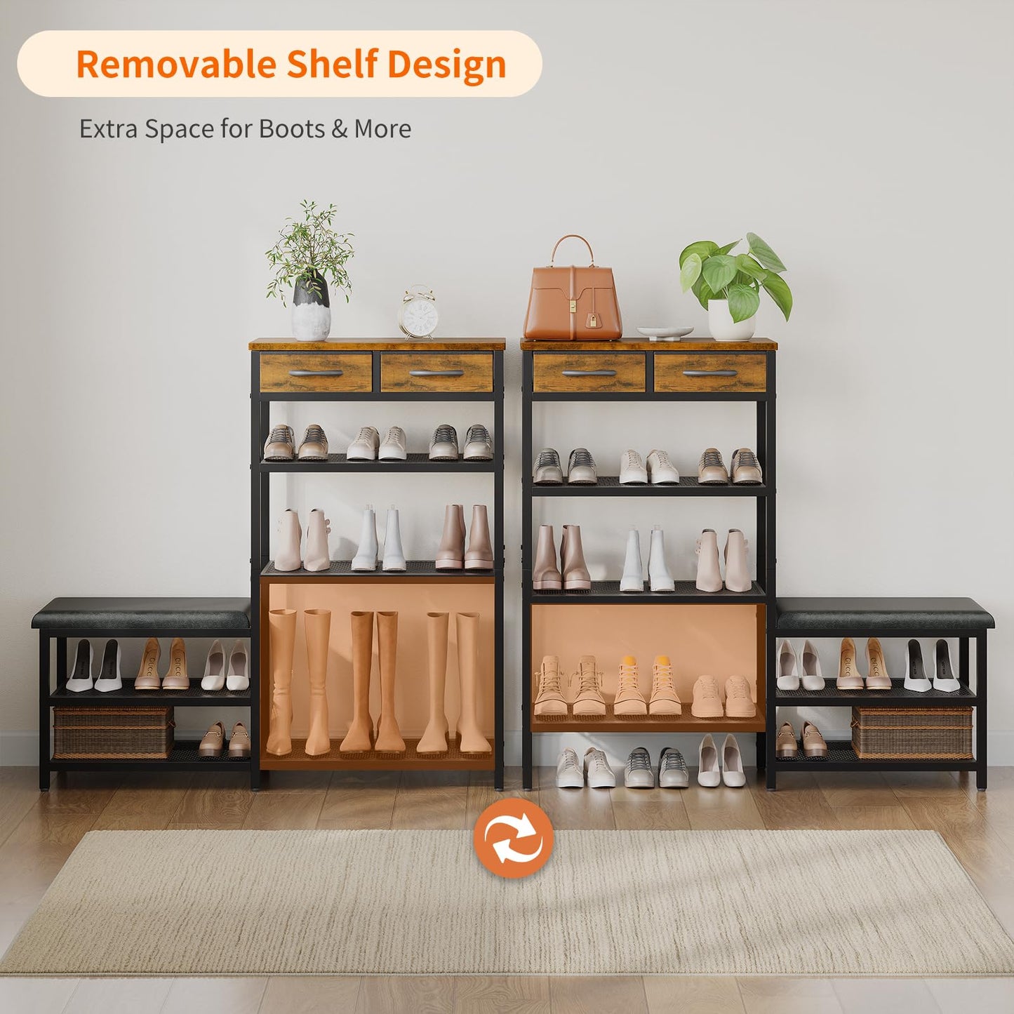 Shoe Rack Bench Shoe Rack for Entryway, Cushioned Entryway Shoe Storage with 2 Drawers & 5-Tier Organizer, Metal Frame Wood Top Narrow Space-Saving Hallway Organizer for Closet & Front Door