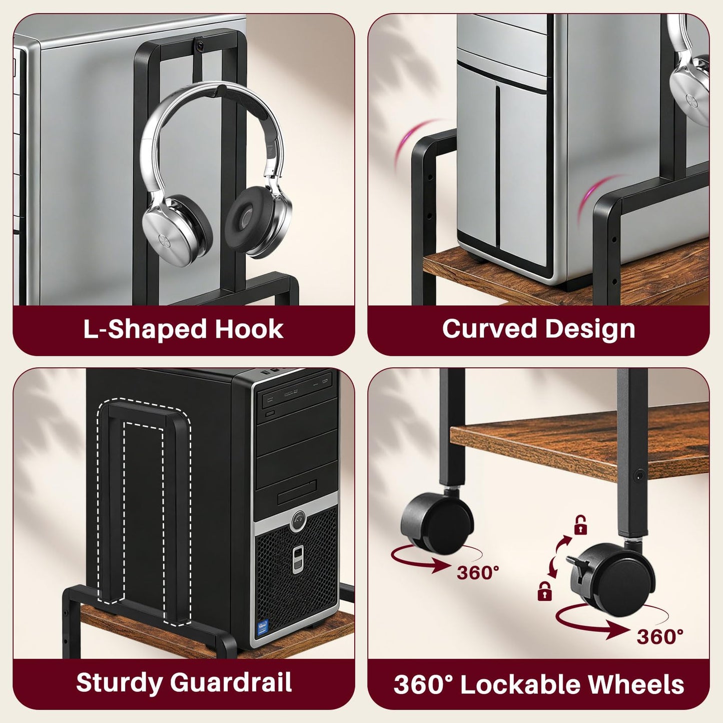 ZIIWIND Adjustable 2-Tier PC Stand, Computer Tower Stand with 360° Locking Wheels & Hooks, CPU Cart for Floor, Carpet and Under Desk, 15.2" x 11.8" x 26", Rustic Brown