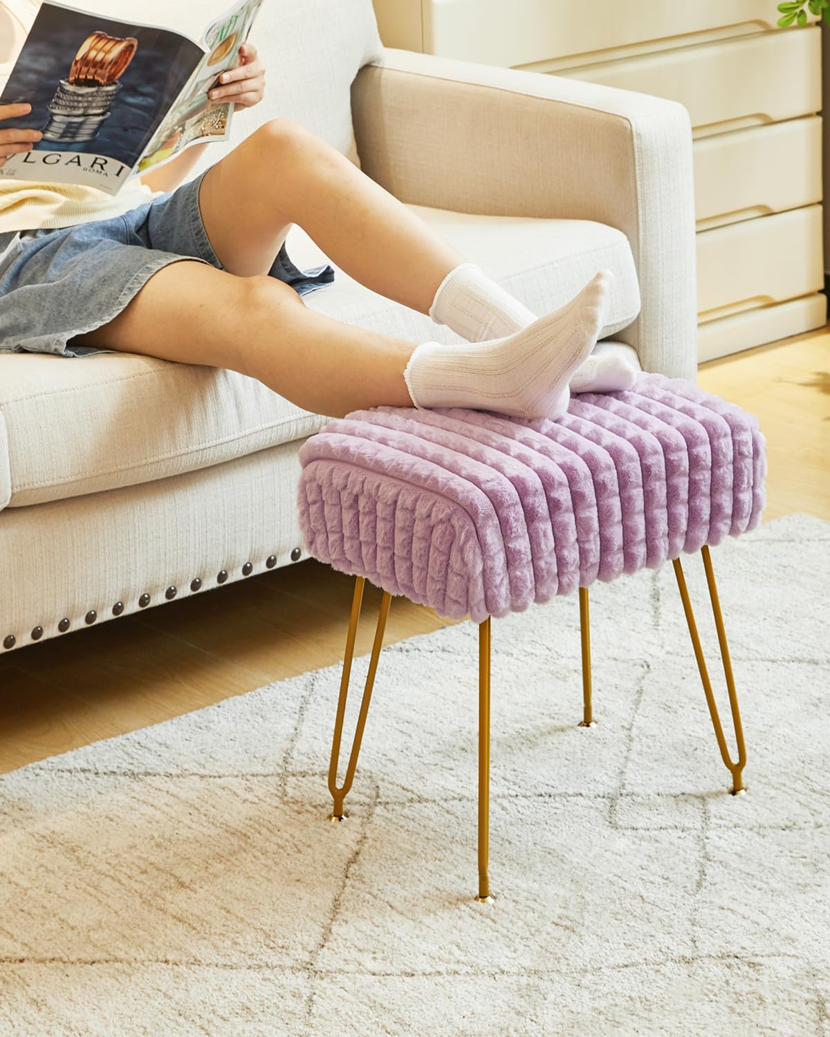 IBUYKE Rectangular Footrest Stool Ottoman, Makeup Vanity Stool Side Table, Velvet Dressing Table Seat, Footstool Chair, Golden Steel Legs, for Makeup Room, Bedroom, Square grid pattern, Purple WBD003V