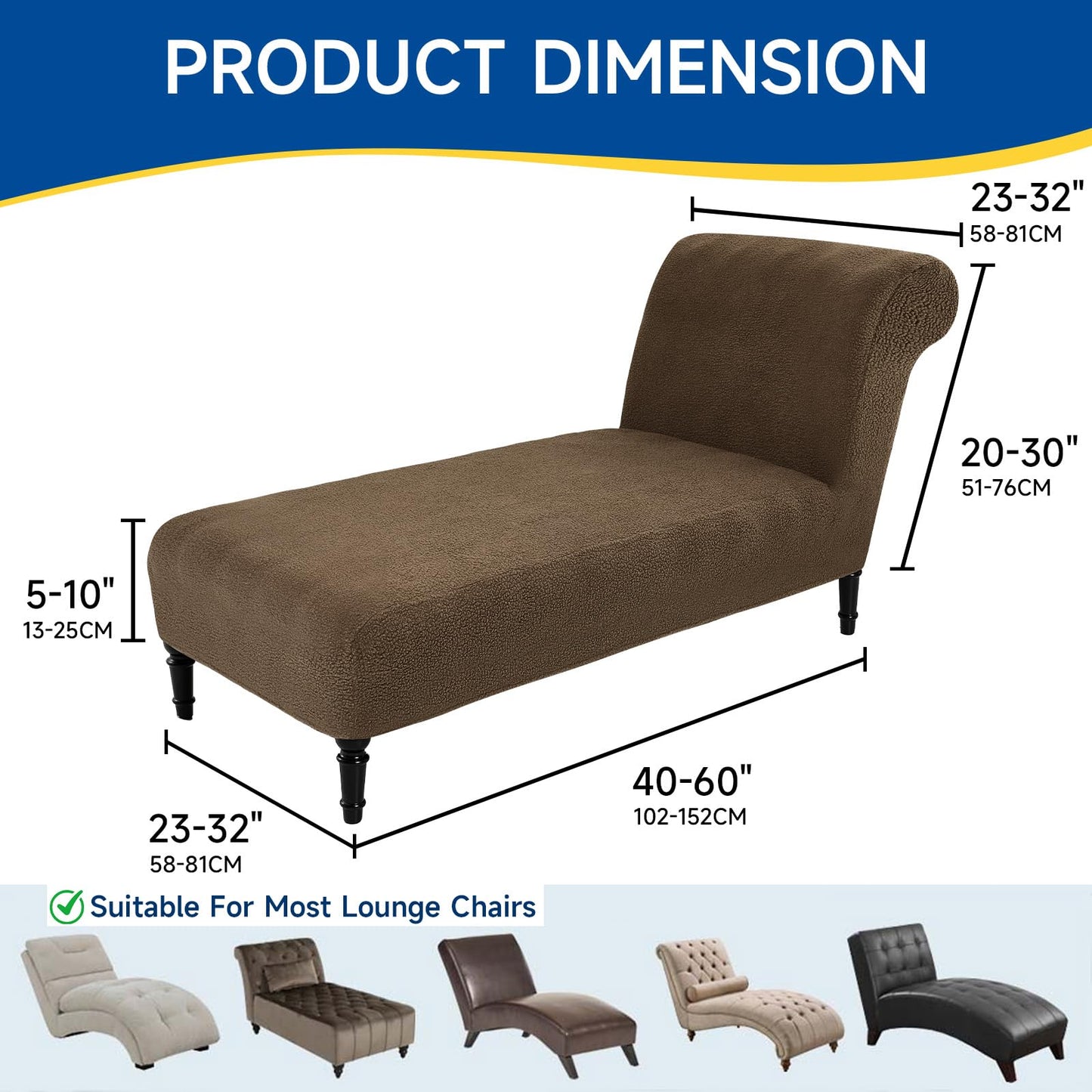 Teddy Wool Chaise Lounge Cover Indoor Armless Chaise Slipcover Luxury Elegance Lounge Chair Cover Ultra Soft Stretch Machine Washable Chair Covers for Living Room Bedroom Furniture, Brown