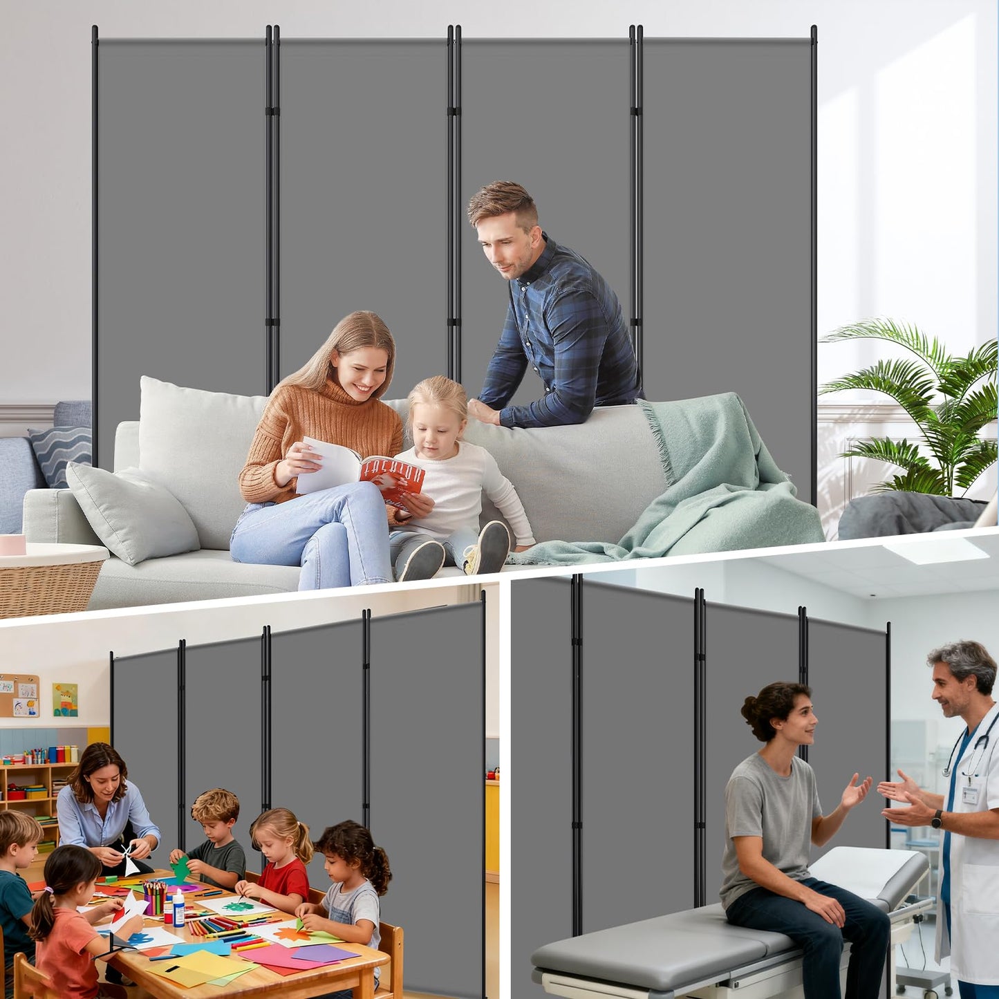 AKTOP 4 Panel Room Divider, 6FT Portable Wall Divider for Room Separation, 88" W Fabric Partition Room Dividers and Folding Privacy Screens, Freestanding Room Separators for Home Office Bedroom, Grey