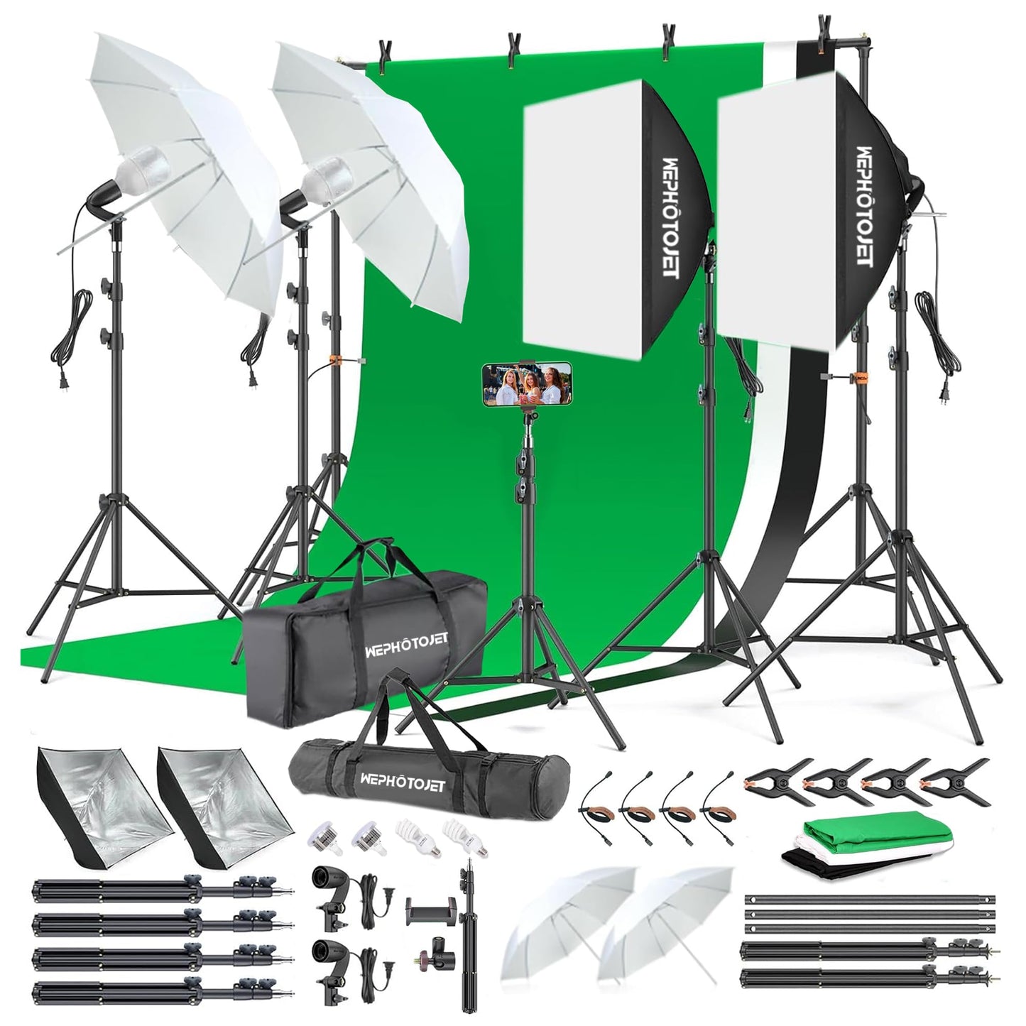 WEPHOTOJET Photography Softboxes Kit with 6.6x10ft Backdrop Stands, 5 Tripod Stands, 3 Color Background Screen, Softbox with 85W Led Bulb, Photo Studio Equipment for Video Shoot, Product & Portrait