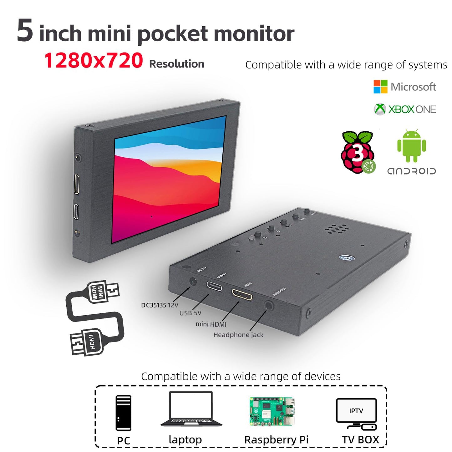 VIEWMEI 5 inch Touch Screen Monitor, 1280x720 Mini IPS Display, HDMI PC Monitor with HDMI Inputs Compatible with Raspberry Pi, PC, Laptop