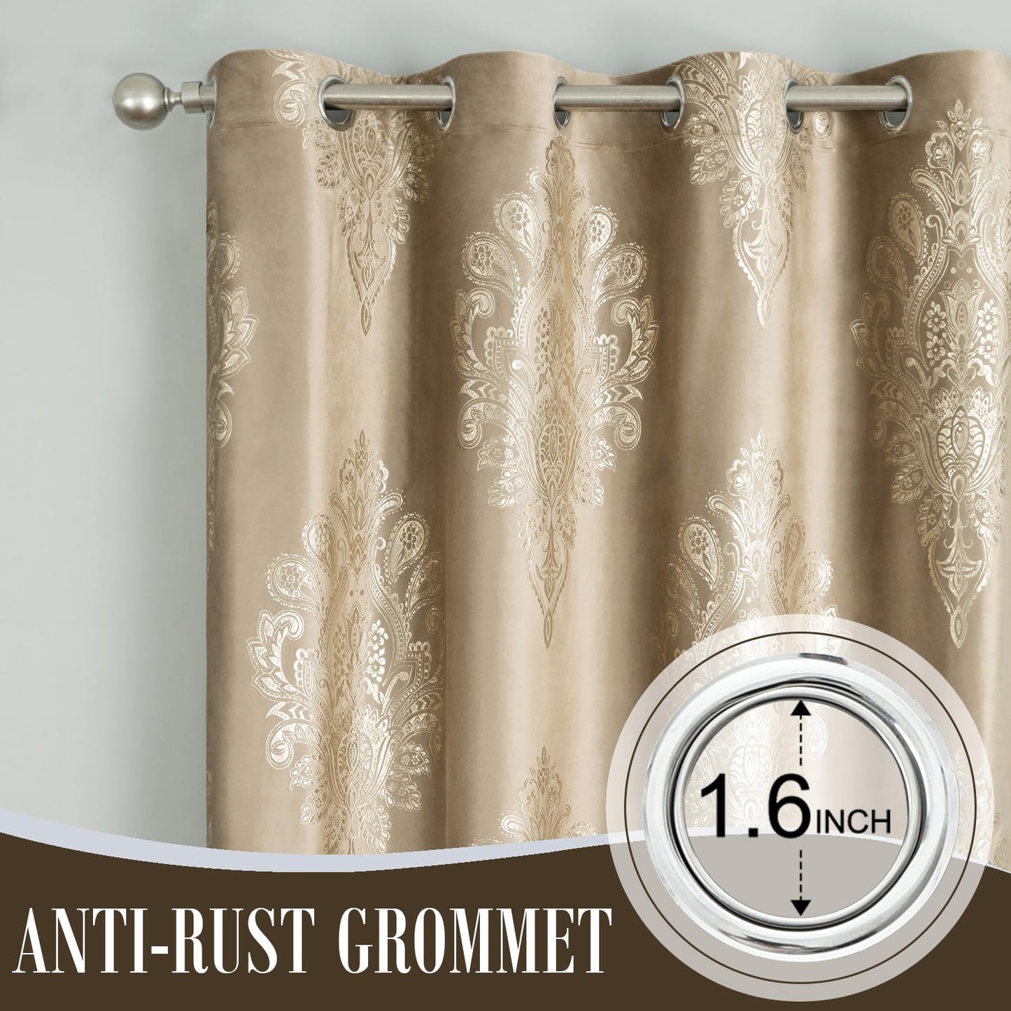 VOGOL Brown Blackout Bedroom Curtains, Luxury European Style Thermal Insulated Velvet Drapes for Living Room, Golden Flower Pattern Room Darkening Curtain, 2 Panels, 52 x 84
