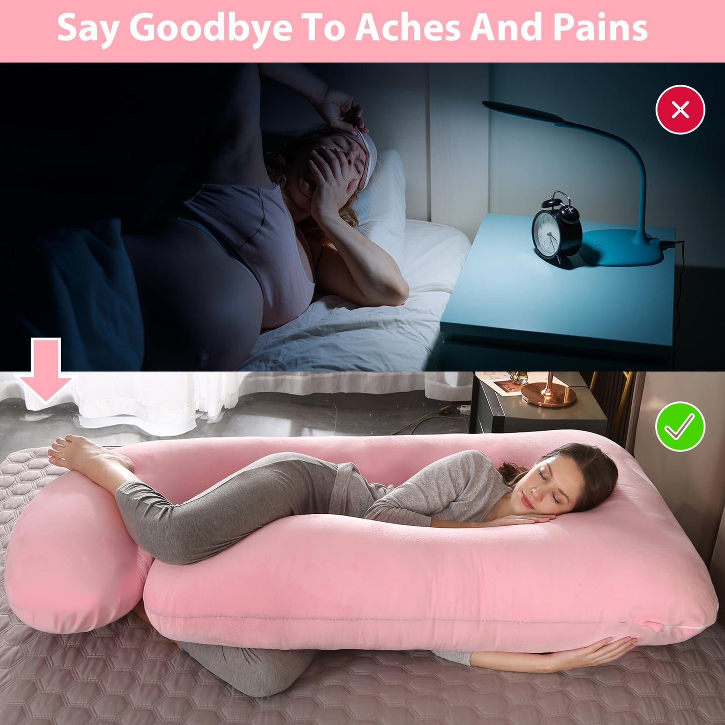 BATTOP Pregnancy Pillows for Sleeping- U Shaped Full Body Maternity Pillow, Pregnancy Pillow for Side Sleepers with Removable Cover, Supports Back, Hips, Belly & Legs (Pale Pink)