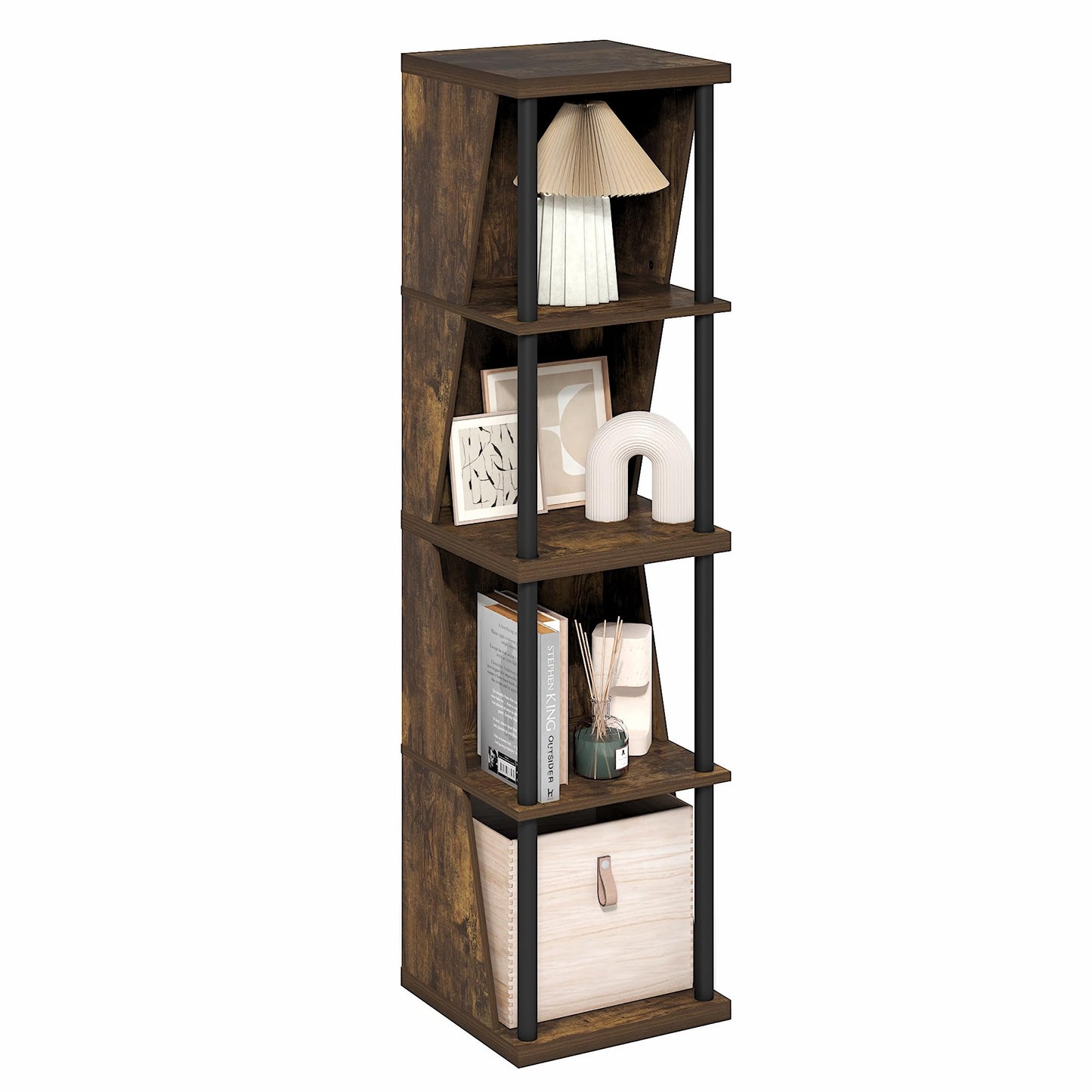 Furinno Flexi Storage Shelf, 4-Cube Corner Shelf, Book Shelf, DIY Stackable & Separable Display Bookcase, for Organization and Storage, for Living Room, Home Office, Amber Pine