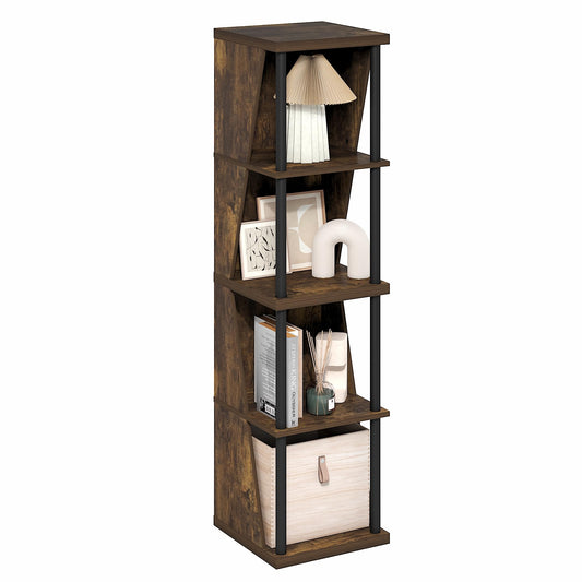 Furinno Flexi Storage Shelf, 4-Cube Corner Shelf, Book Shelf, DIY Stackable & Separable Display Bookcase, for Organization and Storage, for Living Room, Home Office, Amber Pine