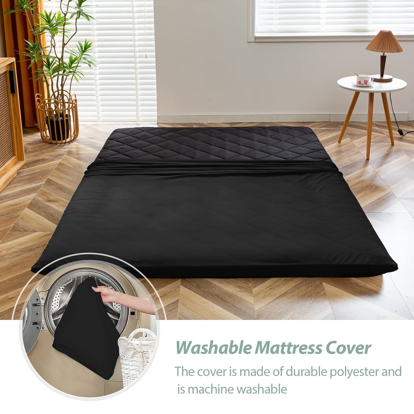 MAXYOYO Japanese Floor Futon Mattress Full Size, Floor Futon for Adults, Roll Up Folding Mattress, Diamond Patterned Japanese Futon Mat, Black