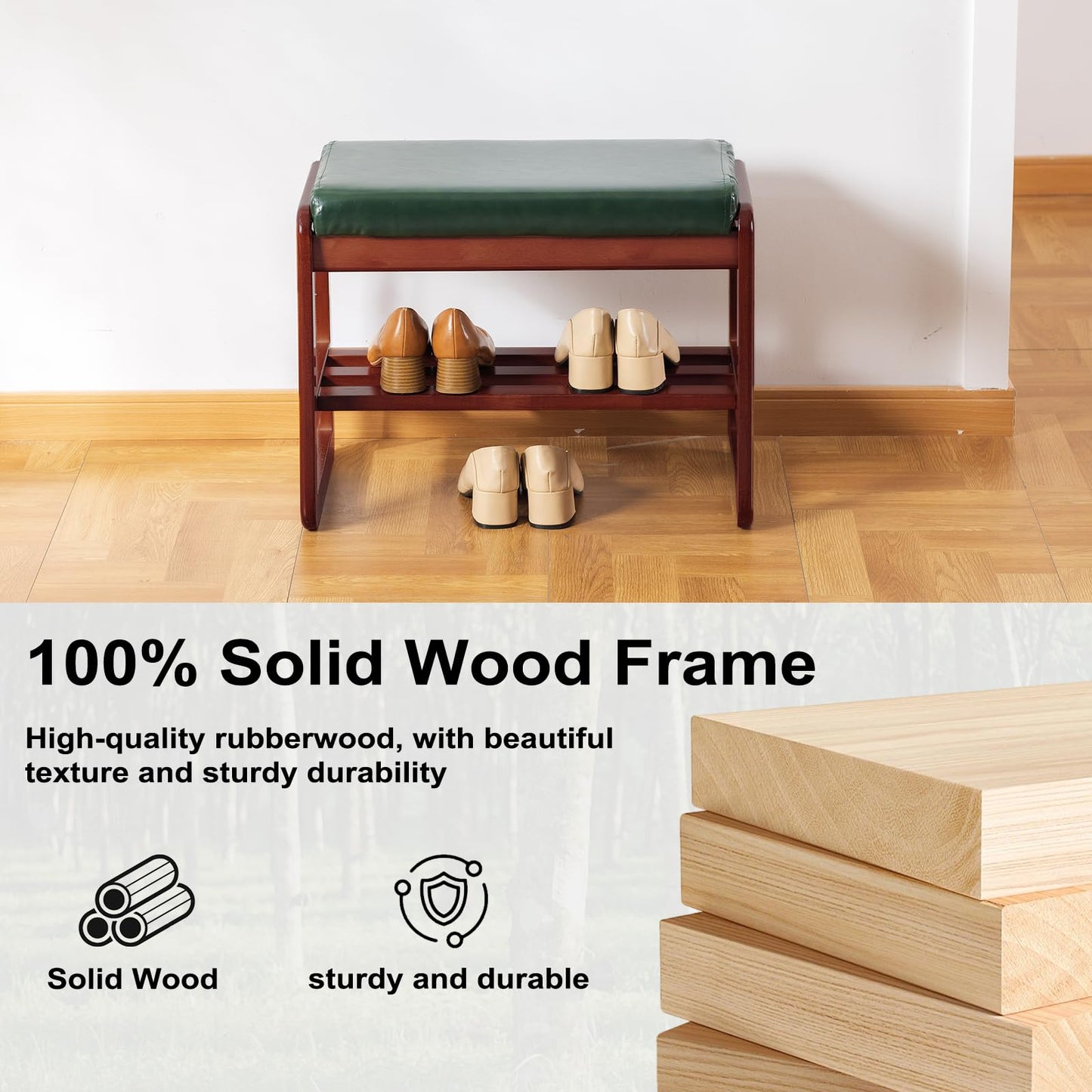 SOBIBO Solid Wood Shoe Bench, 2-Tier Wooden Entryway Bench, Modern Shoe Rack with Faux Leather Cushion for Hallway, Living Room (Green, 21.65'')