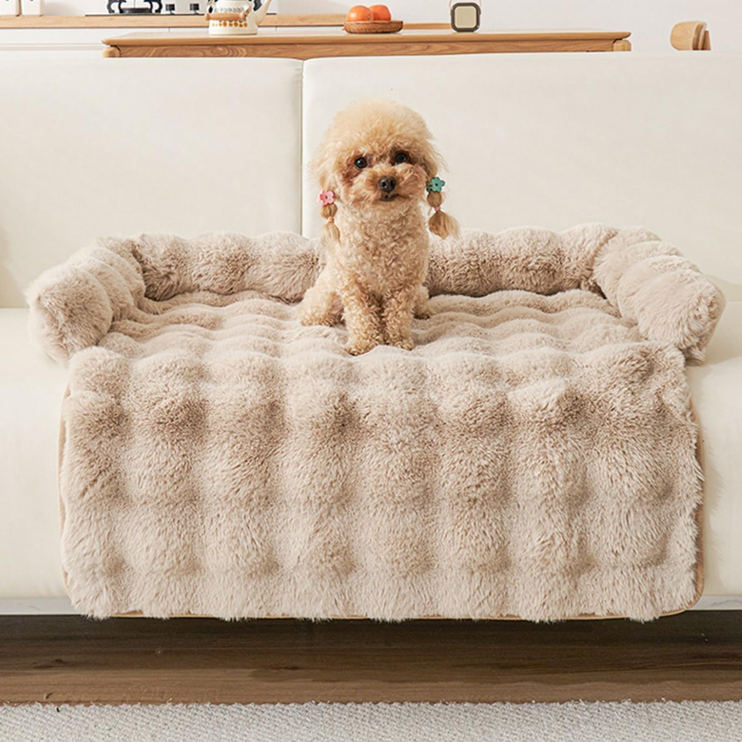 Calming Dog Bed for Couch, 29.5 x 29.5 inch, Non-Slip Rabbit-Velvet Dog Sofa Mat for Furniture Protector, Perfect for Small, Medium Dogs and Cats (Khaki, Medium)