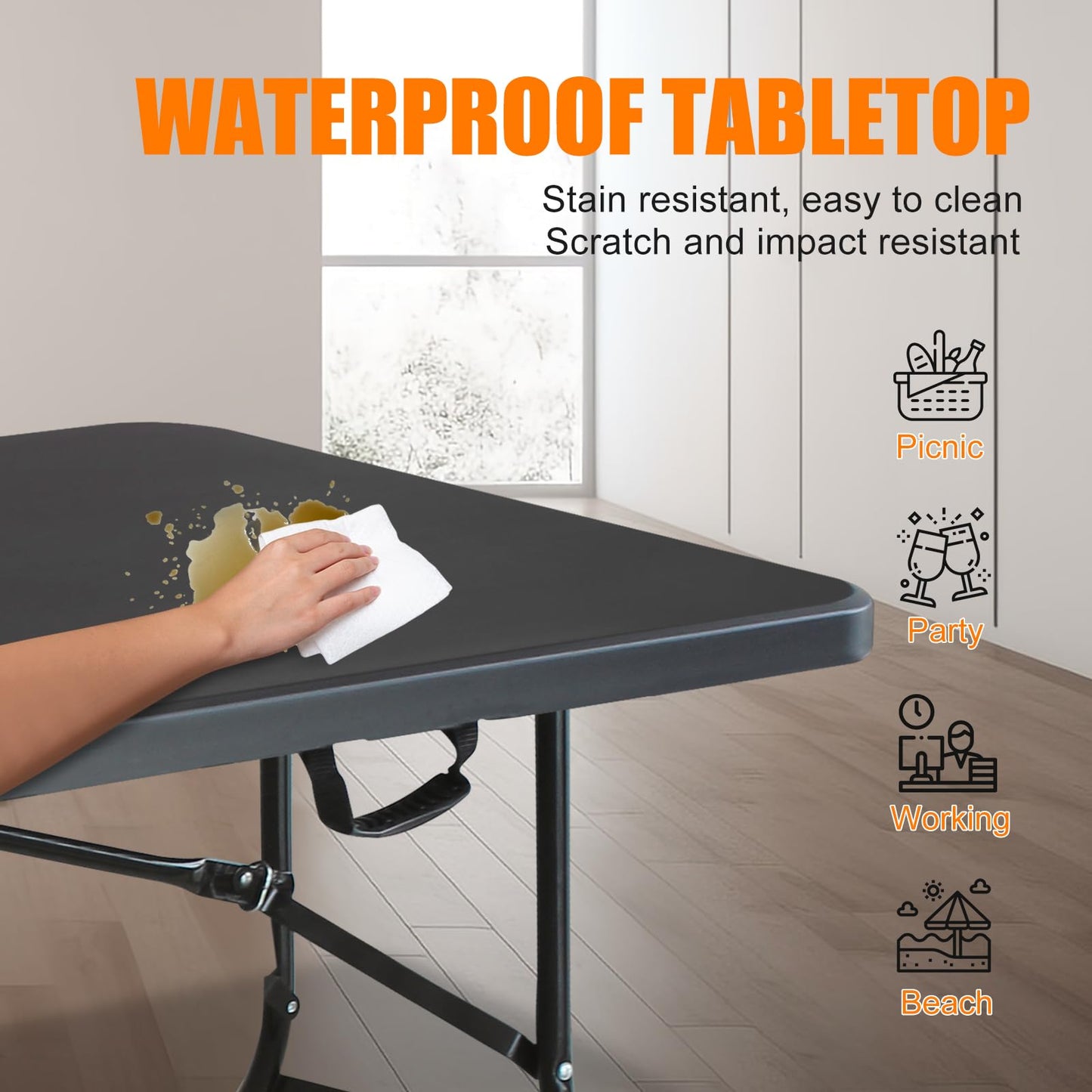 SculPong 6 FT Folding Table with Carry Handle, Portable Fold-in-Half Plastic Table, Rectangle Foldable Table for Indoor/Outdoor Black