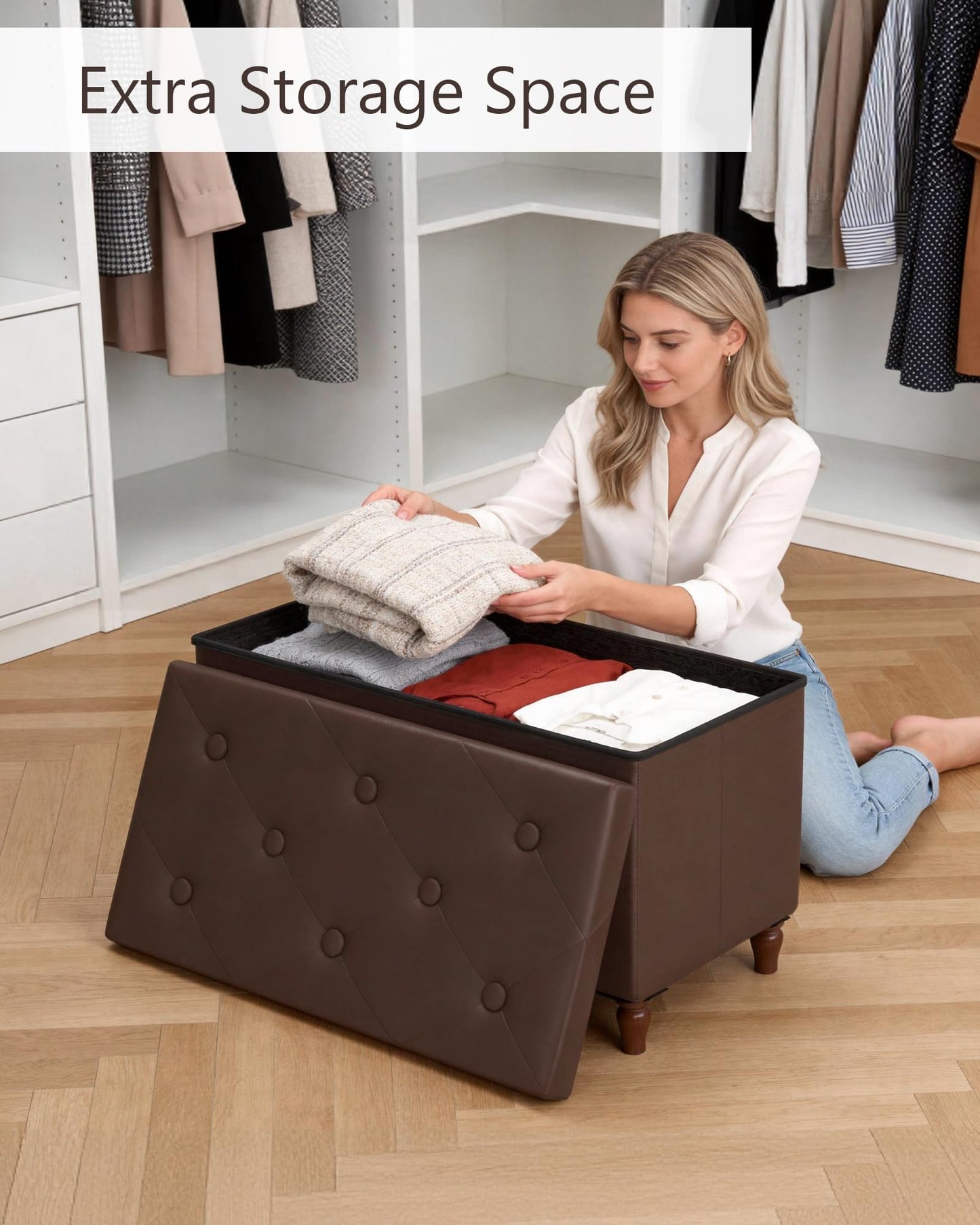 GLAXYFUR 30 Inches Storage Ottoman Bench with Wooden Legs, Faux Leather Folding Ottoman Foot Rest, Storage Bench for Living Room, Hallway & Bedroom, Brown
