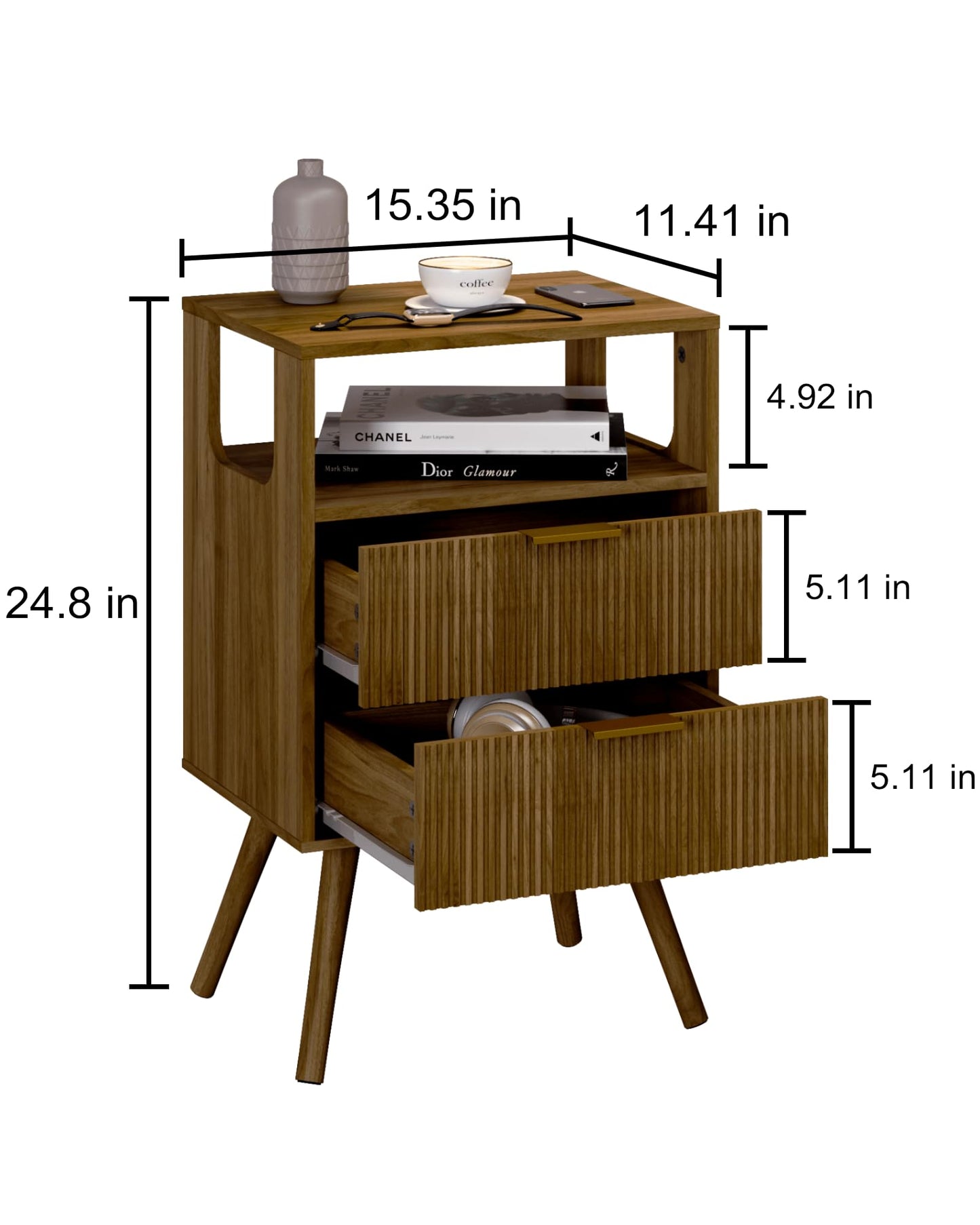 Leomonio Nightstand, Modern Night Stand with 2 Storage Drawer and Opening Storage, Fluted Bedside Table with Solid Wood Legs for Bedroom