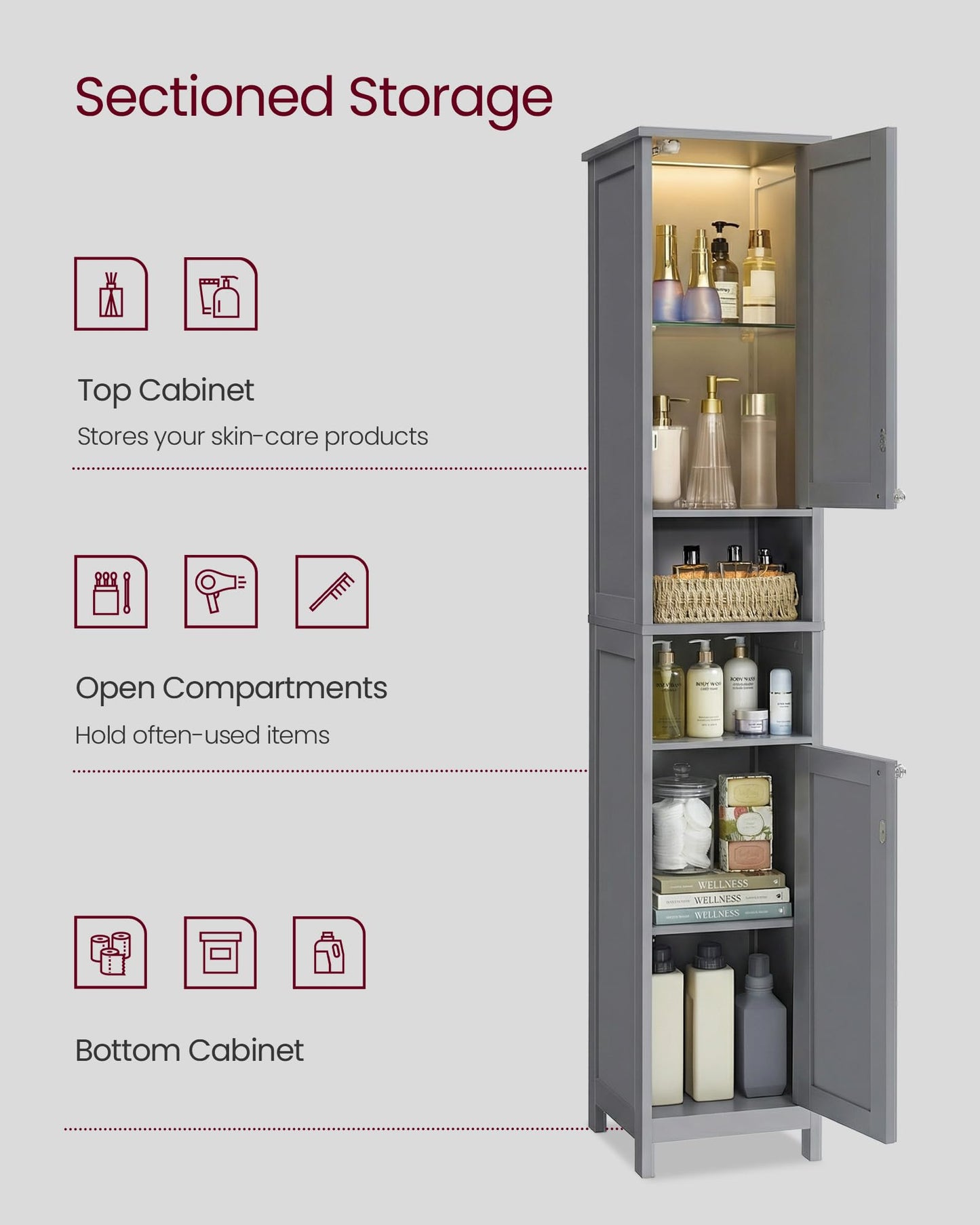 VASAGLE Tall Storage Cabinet with Lights, Slim Freestanding Cabinet with Adjustable Shelves, for Small Spaces, Bathroom, Living Room, Modern, 11.8 Inches Wide, Dove Gray UBBC566G02