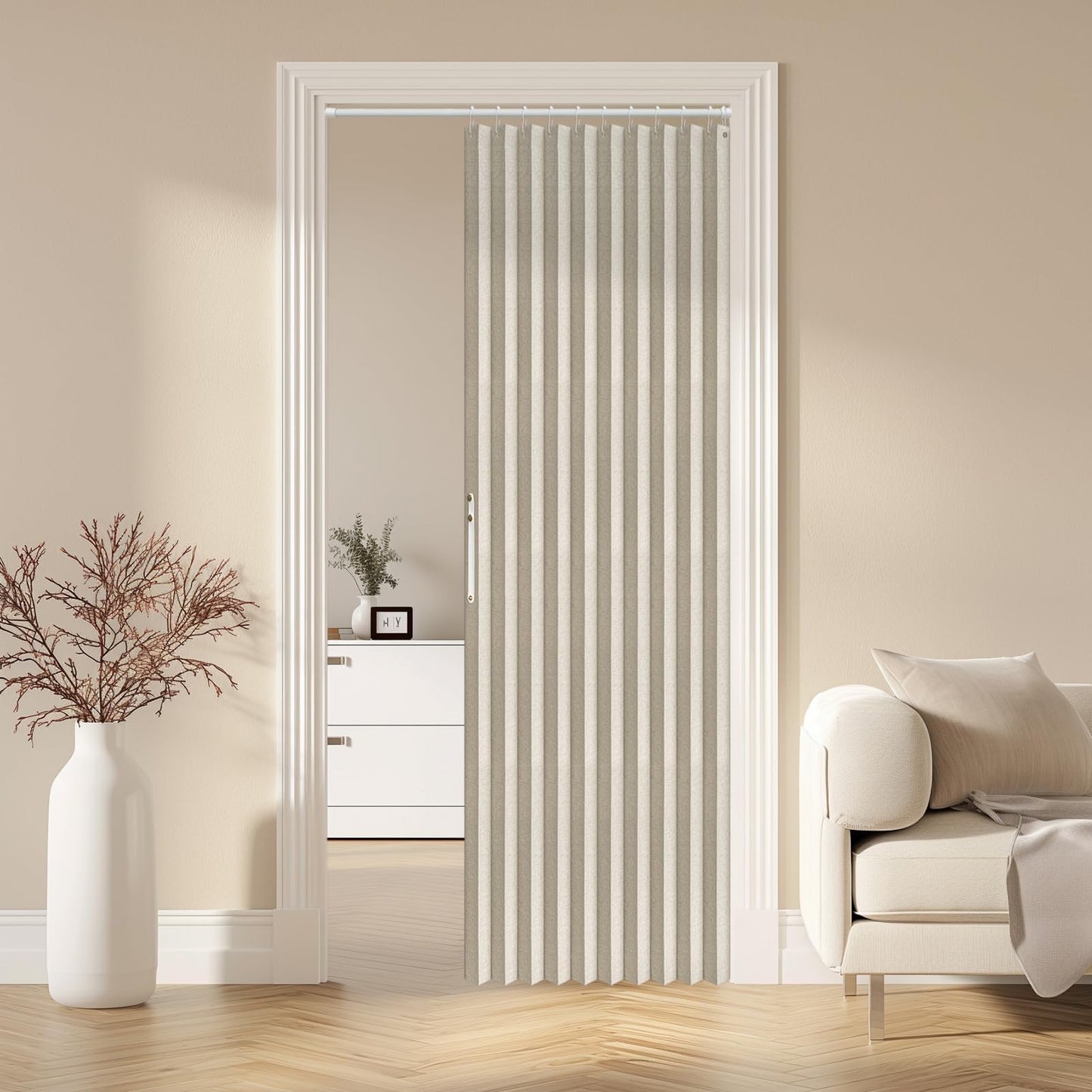 AJAZZ 100% Blackout Magnetic Door Curtain Accordion Doors Interior Folding Closet Door Curtain Invisible Applicable Bedroom Room Living Room Doorway (Cream White 42" W x 78" L) 1 Panel