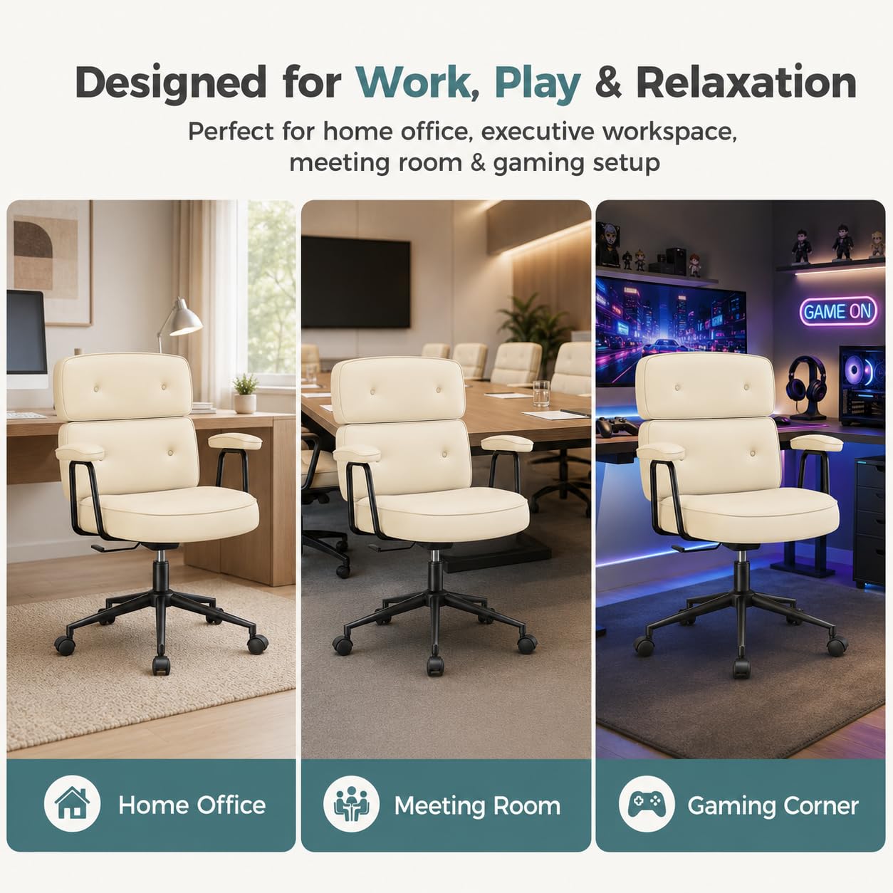 Ergonomic Home Office Desk Chair, PU Leather Computer Chair with Lumbar Support, Adjustable Height, 360° Swivel Rolling Wheels, Executive Task Chair for Office, Gaming, Meeting Room, Beige