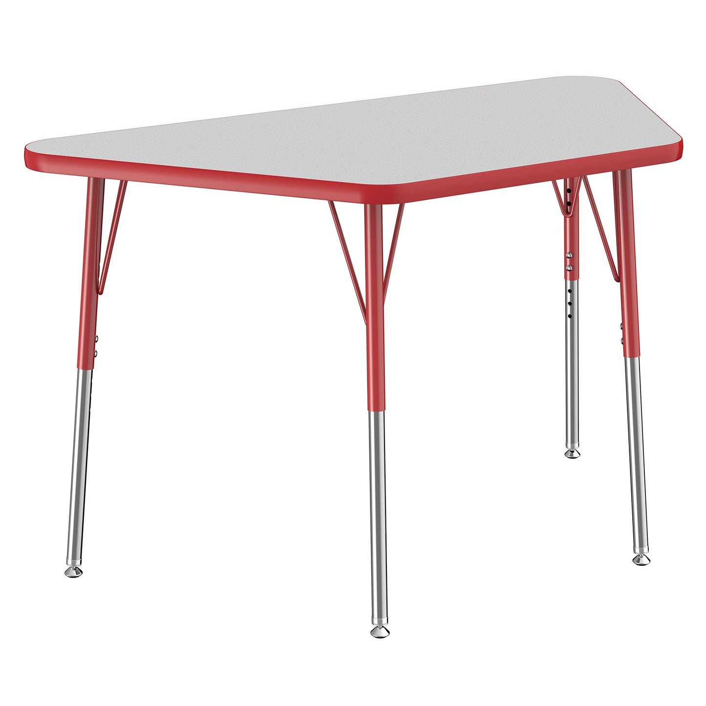 FDP Trapezoid Activity School and Office Table (24 x 48 inch), Standard Legs with Swivel Glides for Collaborative Seating Environments, Adjustable Height 19-30 inches - Gray Top and Red Edge