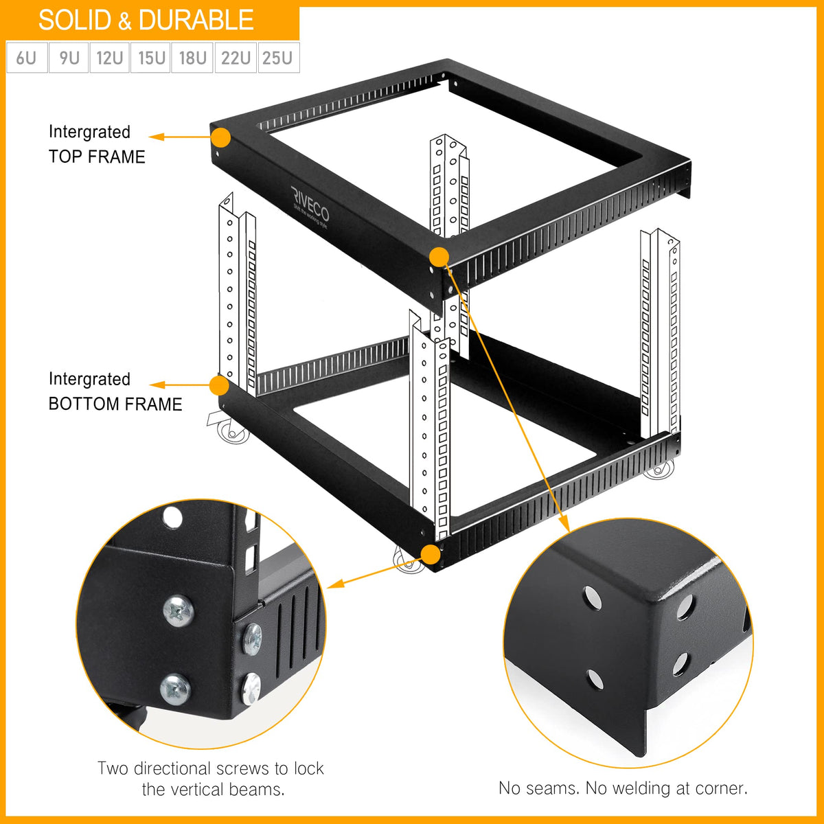 RIVECO 25U Open Frame Server Rack with Wheels + PDU (8 Outlets) Power Strip Surge Protector (2pcs Rack Shelves +1 PDU, 25U)