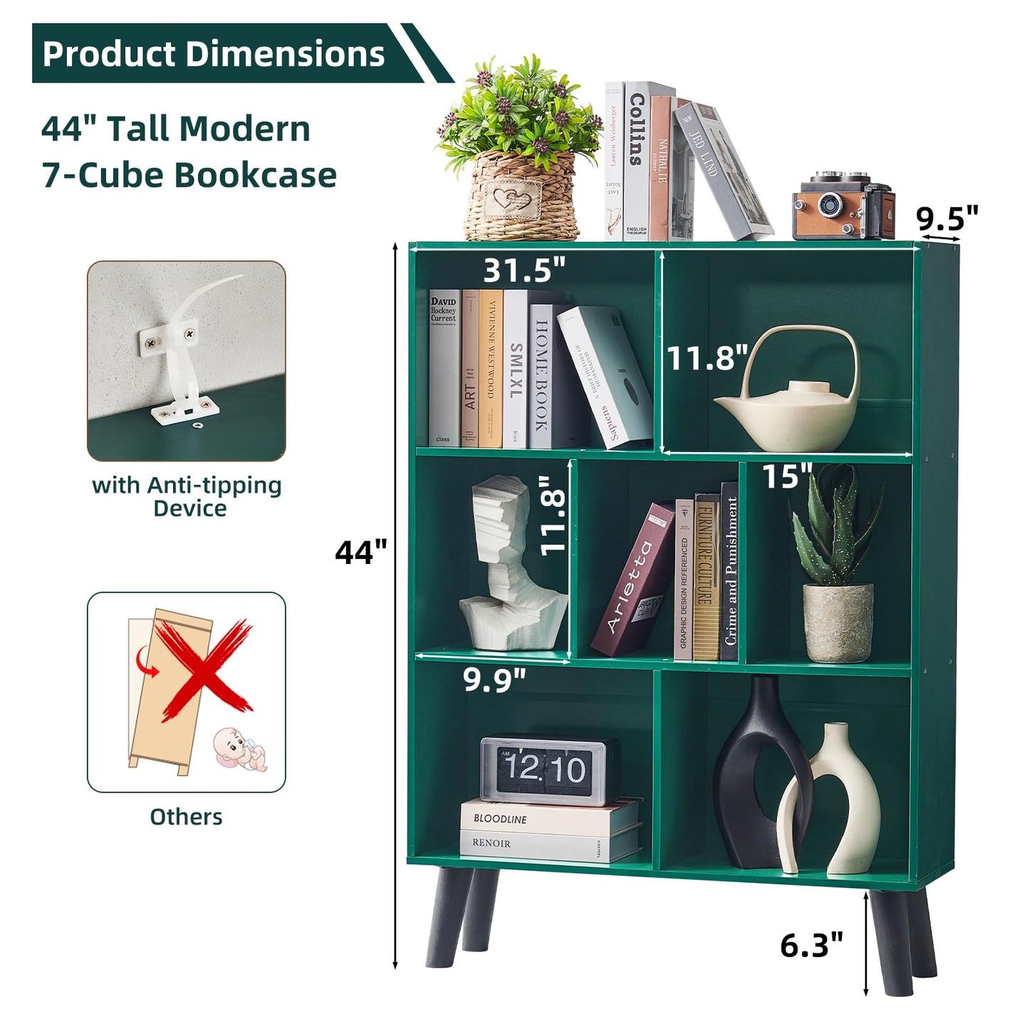 LEYAOYAO Cube Bookshelf 3 Tier Mid-Century Dark Green Modern Bookcase with Legs,Retro Wood Bookshelves Storage Organizer Shelf,Freestanding Open Book Shelves for Bedroom,Living Room,Office