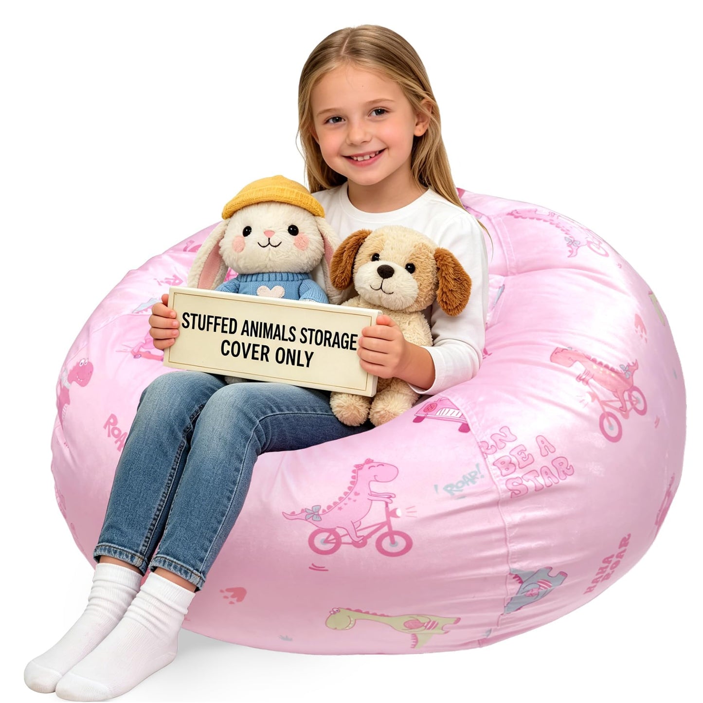 Lukeight Dinosaur Stuffed Animals Storage Bean Bag Chair Cover for Kids, Cozy Velvet Plush Toy Organizer Seat, Cover Only, No Filling Included, Long YKK Zipper, Side Pocket, X-Large 30 x 18 in