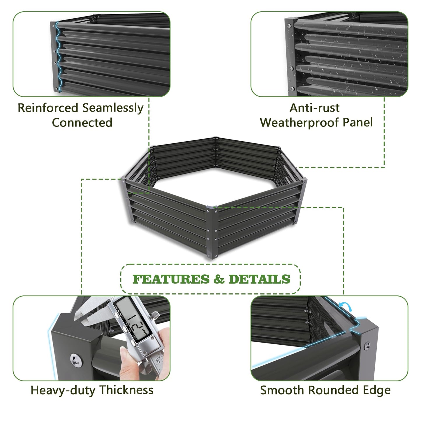 A ANLEOLIFE Hexagon Galvanized Metal Raised Garden Bed Outdoor, 70x60x18in Deep Metal Planter Box for Flowers, Herbs & Vegetables, 18'' Tall Decorative Raised Bed, Quartz Grey