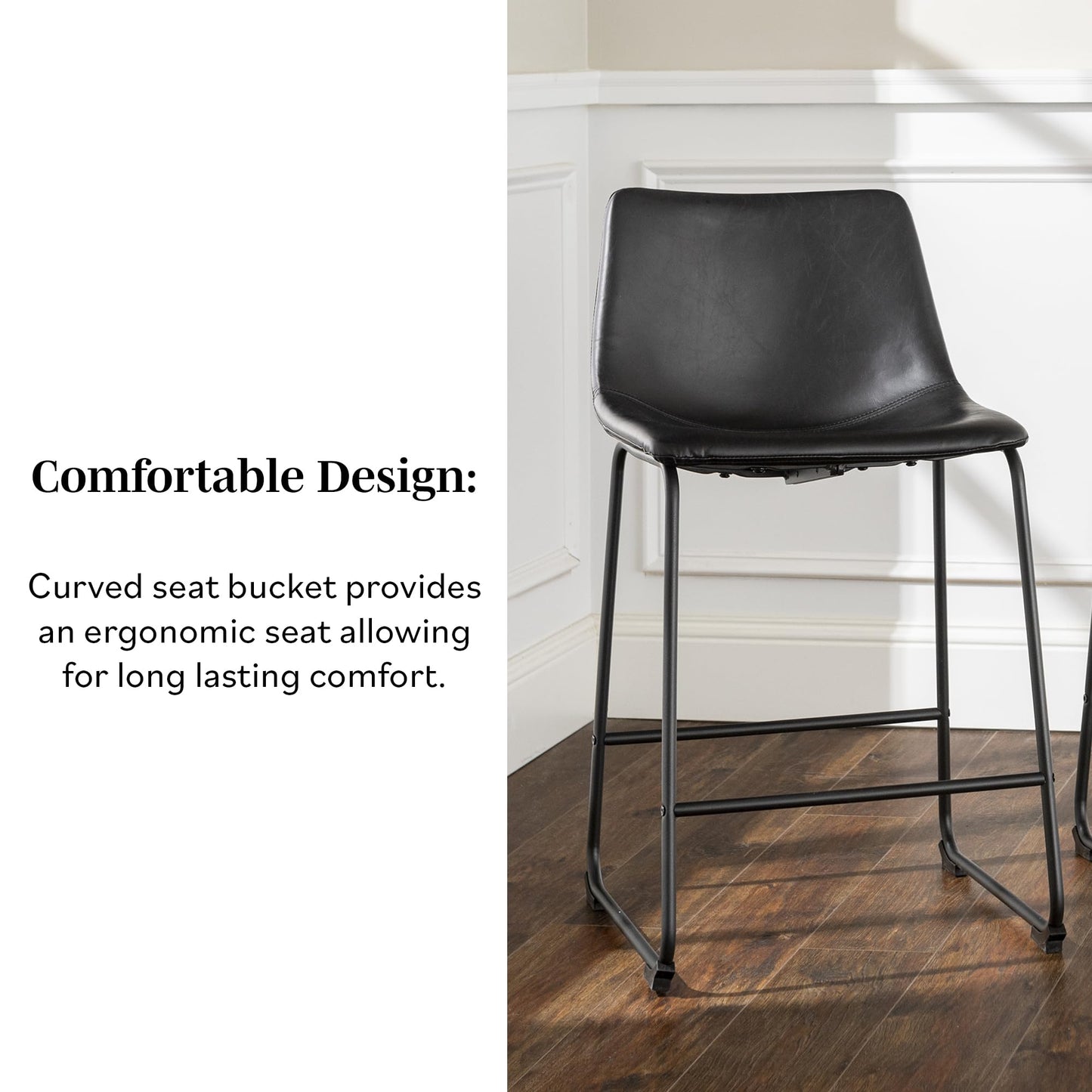 Walker Edison Douglas Urban Industrial Faux Leather Armless Counter Chairs, Set of 2, Black, 20"D x 18.5"W x 34.5"H