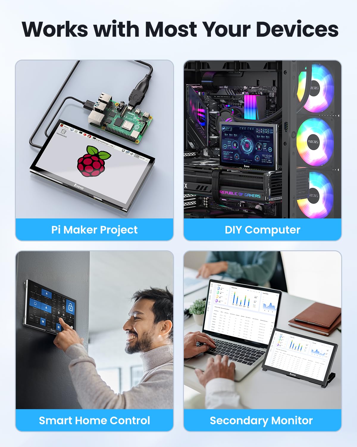 Eyoyo Raspbery Pi Screen 7-inch: 1024×600 LCD Capacitive Touchscreen Monitor with Stand, Mini Portable HDMI Monitors IPS Touch Display for Raspbery Pi 5/4/3/2/Zero, Windows/Linux/Android