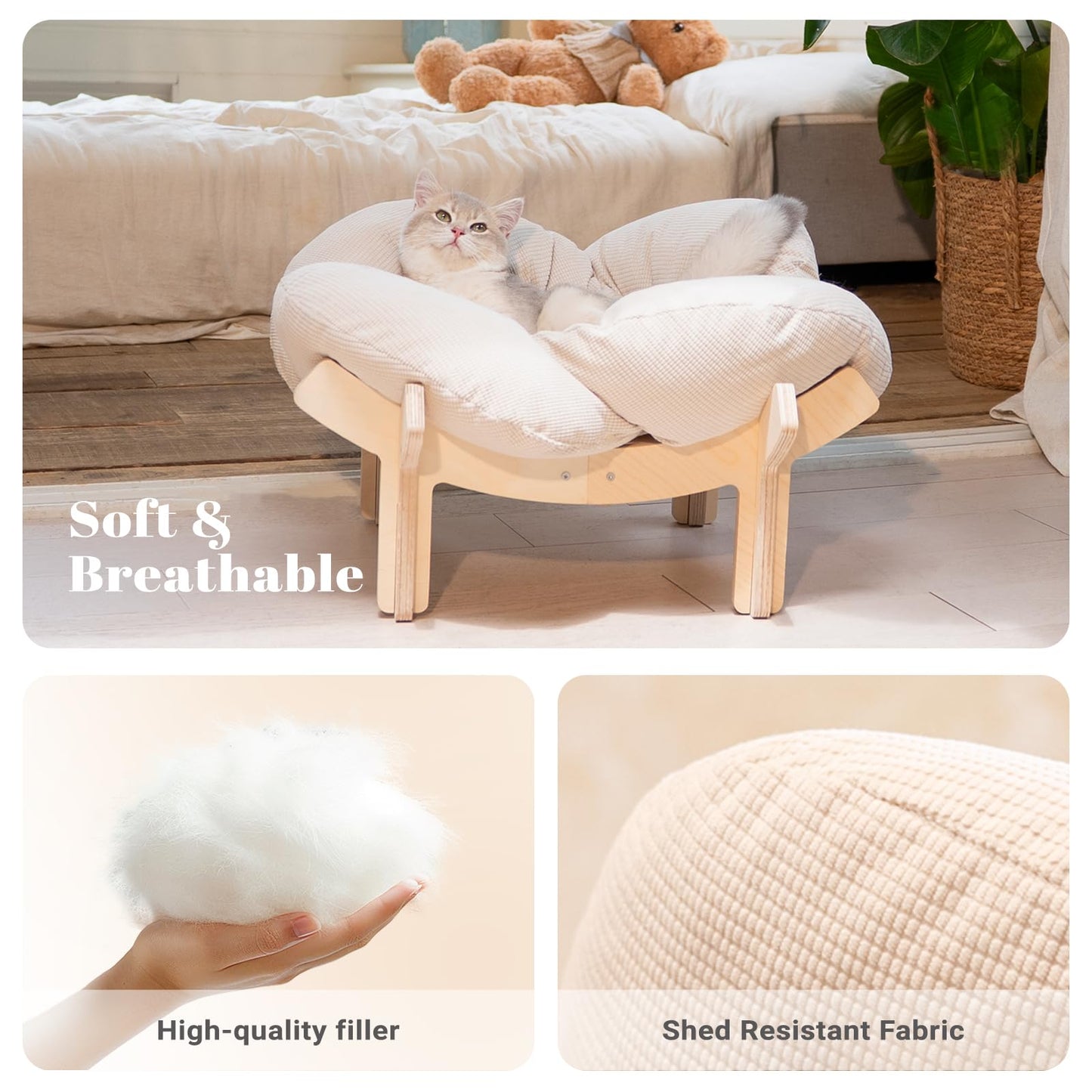 CHEERHOME PETS Elevated Cat Bed Wooden with Cushion Fluffy Pet Couch Sofa for Indoor Cats Raised Kitty Lounge Chair Suitable for Puppy, Cat Furniture(White)