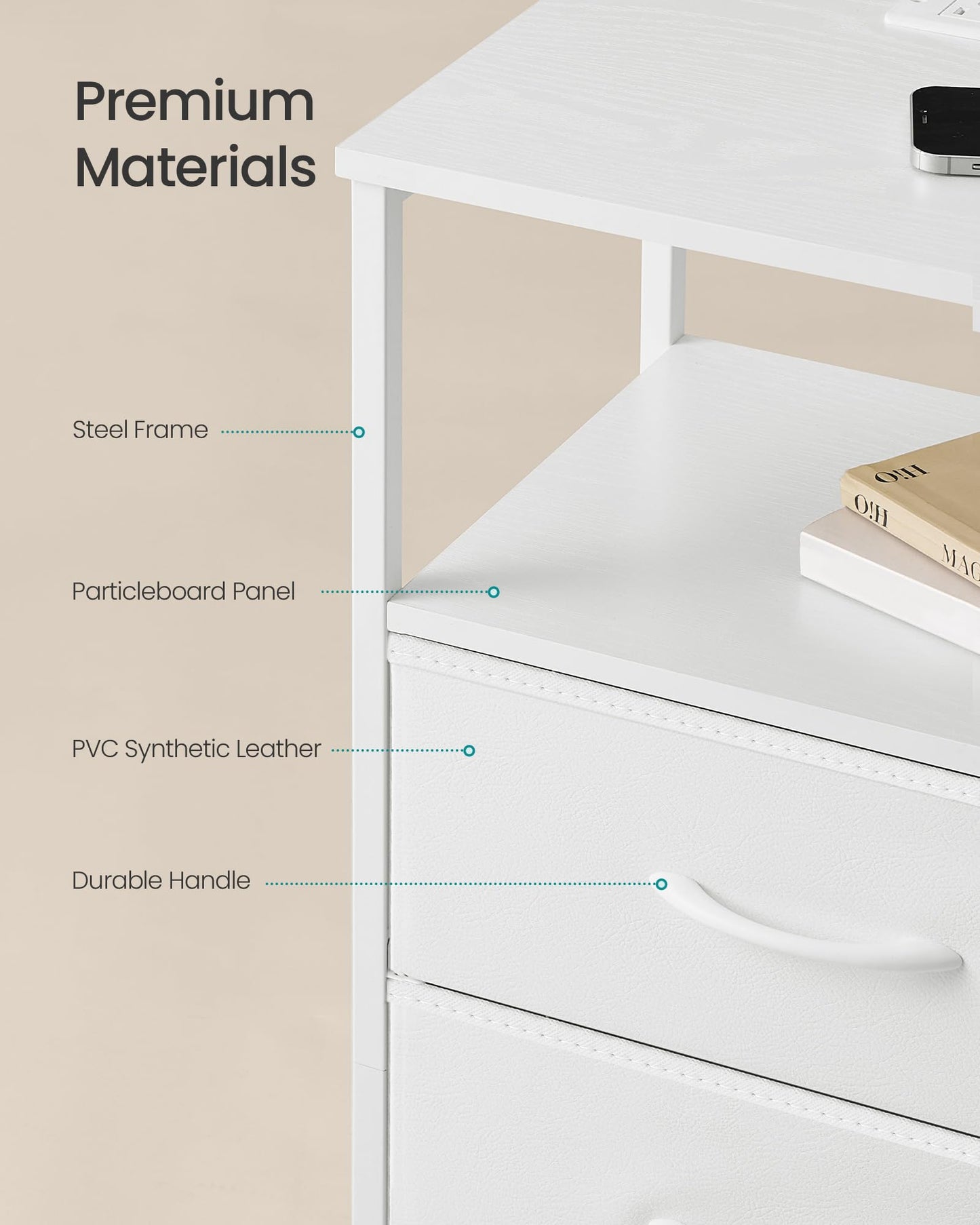 SONGMICS BELLAH Collection - Nightstand with Charging Station and App-Controlled Adjustable LED Lights, Bed Side Table, 3 Drawers and 1 Open Shelf, Modern, Cloud White and Snow White ULGS303WH01S