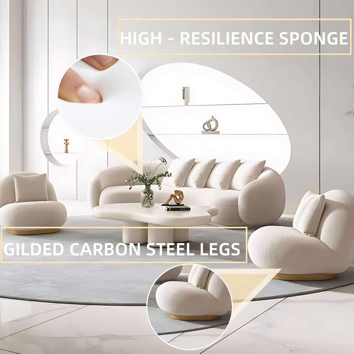 70.8IN Cream Style Living Room Sofa - Round Arc Designed Sofa Set, Modern Modular Sectional Sofa | Equipped with Slab Stone Coffee Table & 2 Compartment Sofa Chairs (Style B)