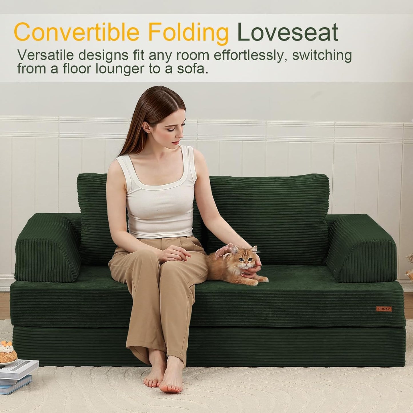 COMAX Convertible Sofa Bed, Folding Floor Couch Corduroy Fold Out Couch Bed Futon Sleeper Mattress with Pillows, Boneless Sofa Comfy Lounge Loveseat for Living Room Bedroom, Green